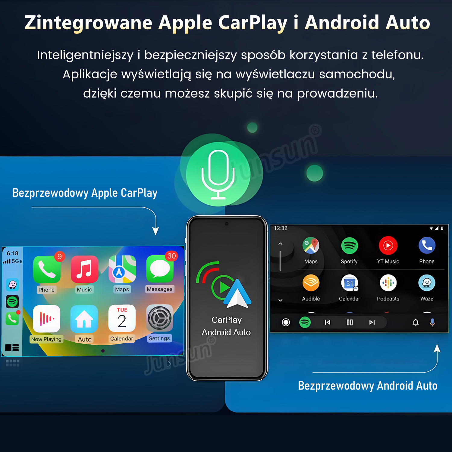 Ekran telefonu wyświetla interfejsy Apple CarPlay i Android Auto, z ikonami aplikacji takich jak Mapy, Muzyka i Telefon.