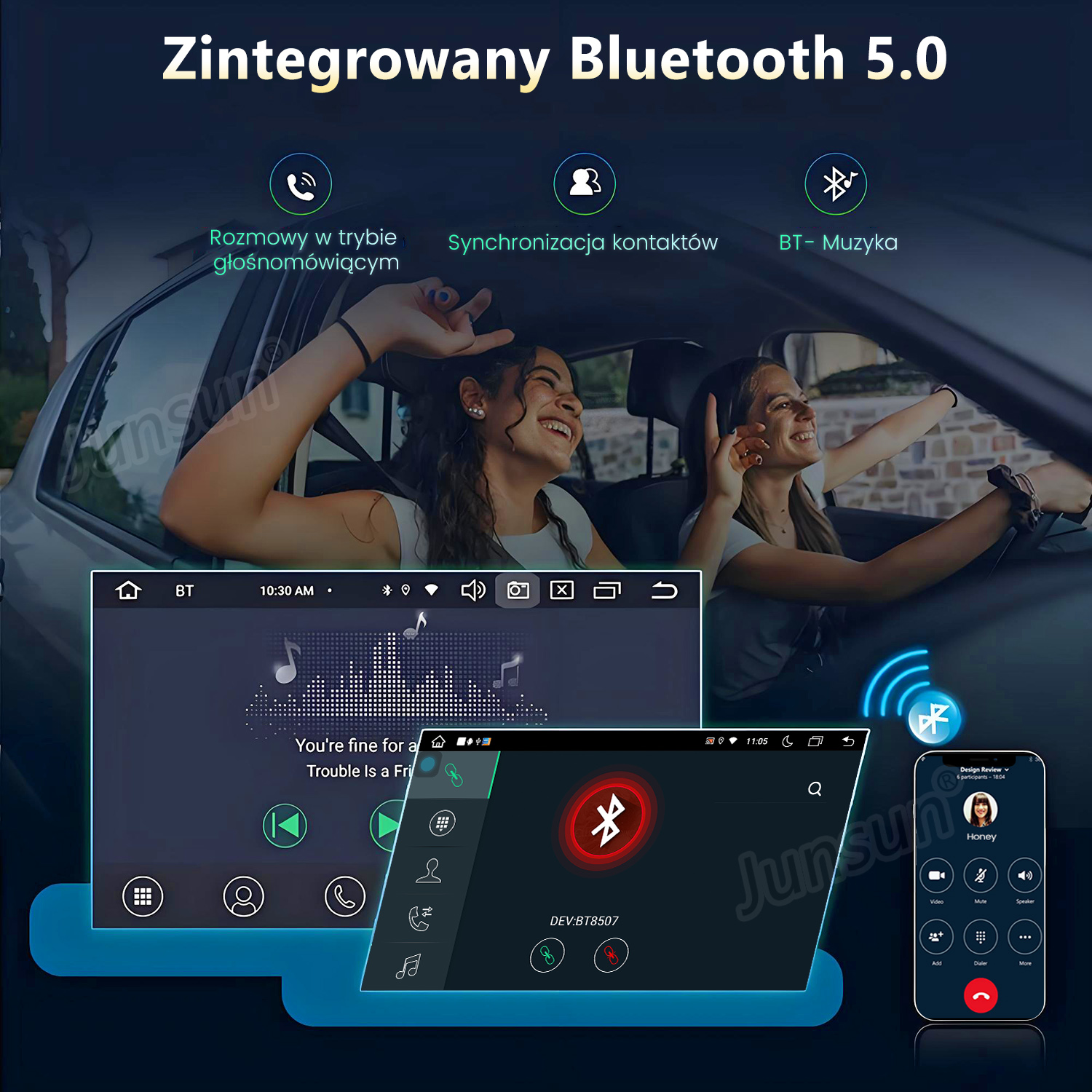 Obraz przedstawia wnętrze samochodu z kobietą prowadzącą. Ekran wyświetla elementy sterowania muzyką i telefonem. Reklamowany jest Bluetooth 5.0.