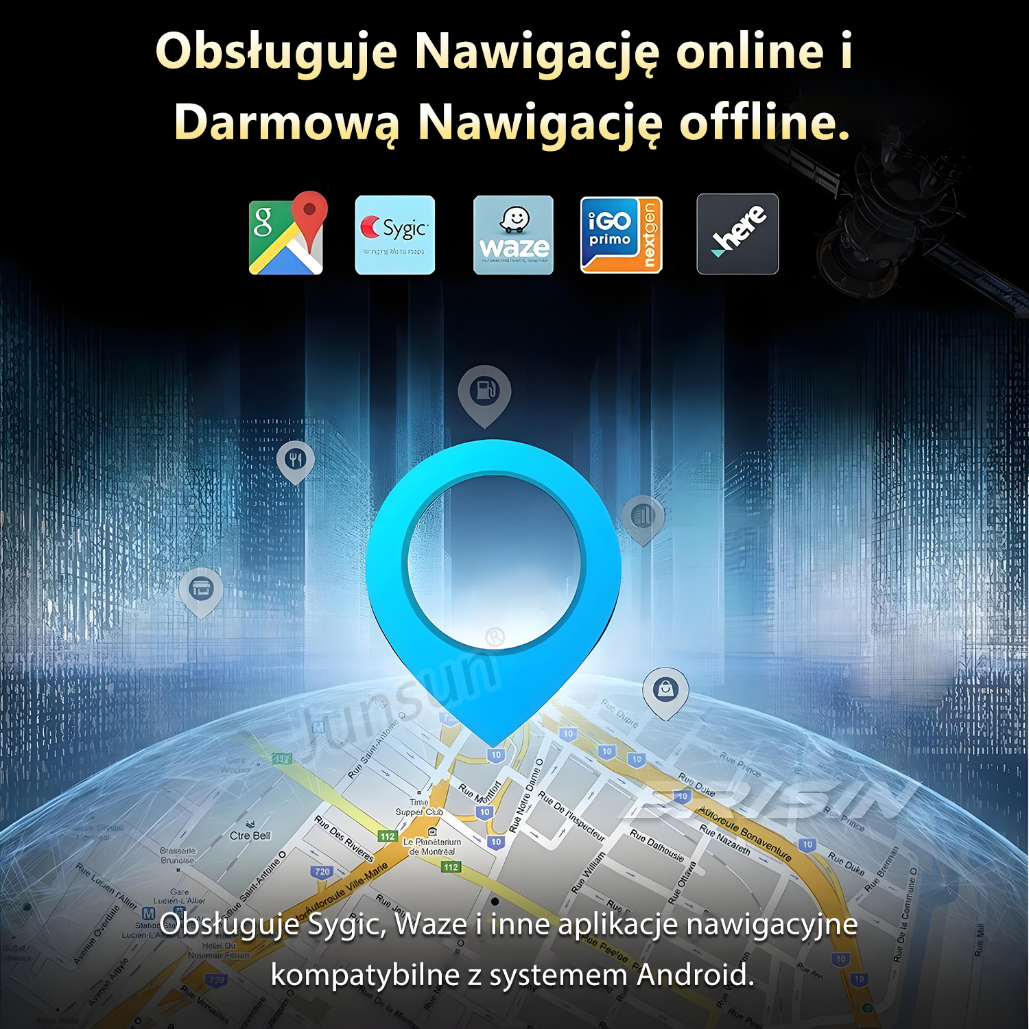 Mapa z niebieskim znacznikiem lokalizacji. Ikony aplikacji nawigacyjnych. Widoczny jest również tekst w języku polskim.