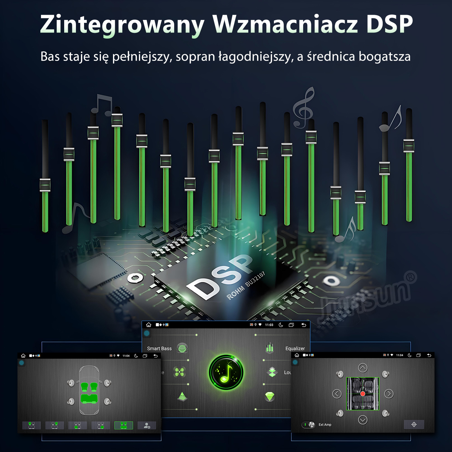 Obraz przedstawia interfejs DSP audio z ustawieniami korektora i kontrolkami dźwięku, wyświetlane na ciemnym tle.