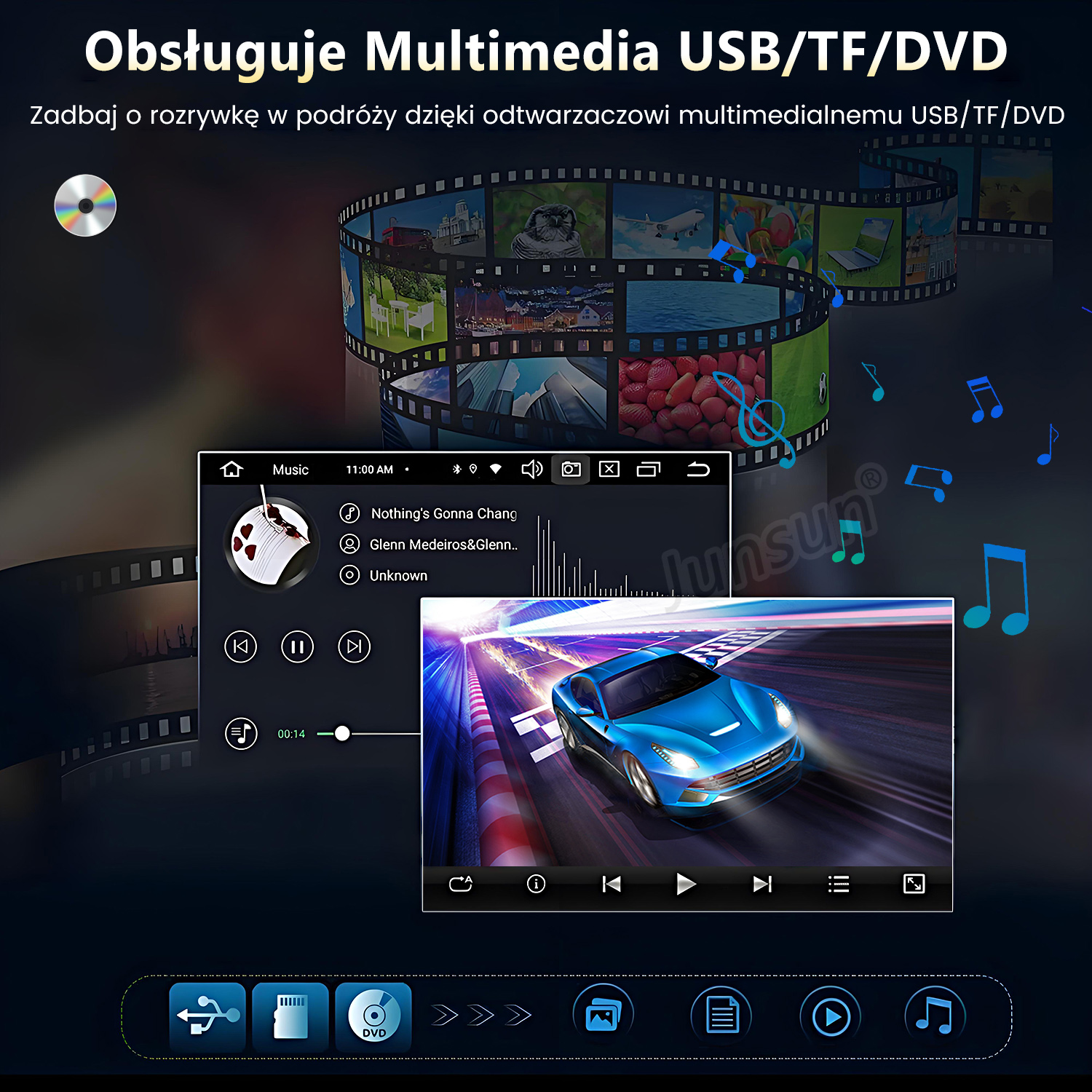 Interfejs odtwarzacza multimedialnego. Pokazuje niebieski samochód wyścigowy, elementy sterowania muzyką i taśmę filmową z różnymi obrazami. Ikony obejmują USB i DVD.