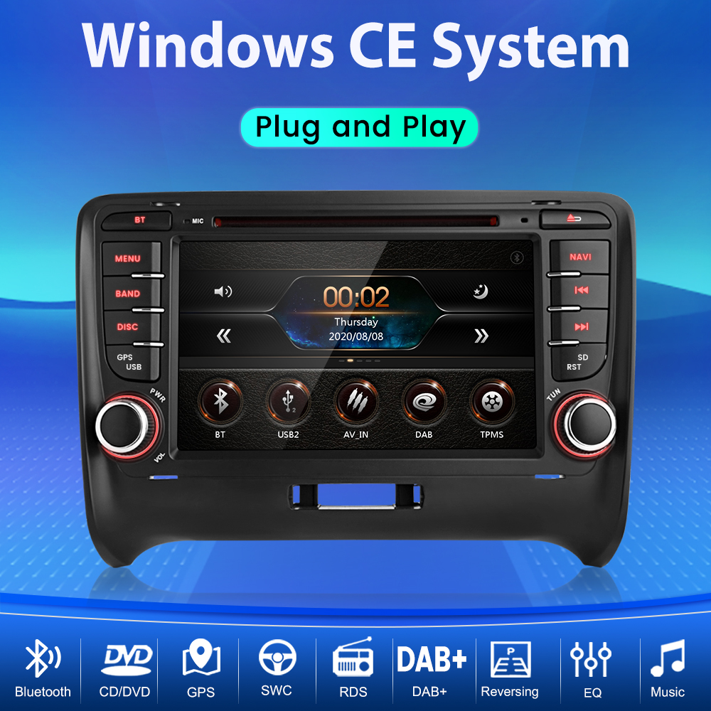 Radio samochodowe z ekranem wyświetlającym godzinę i datę, z przyciskami do różnych funkcji, takich jak Bluetooth, GPS i muzyka.