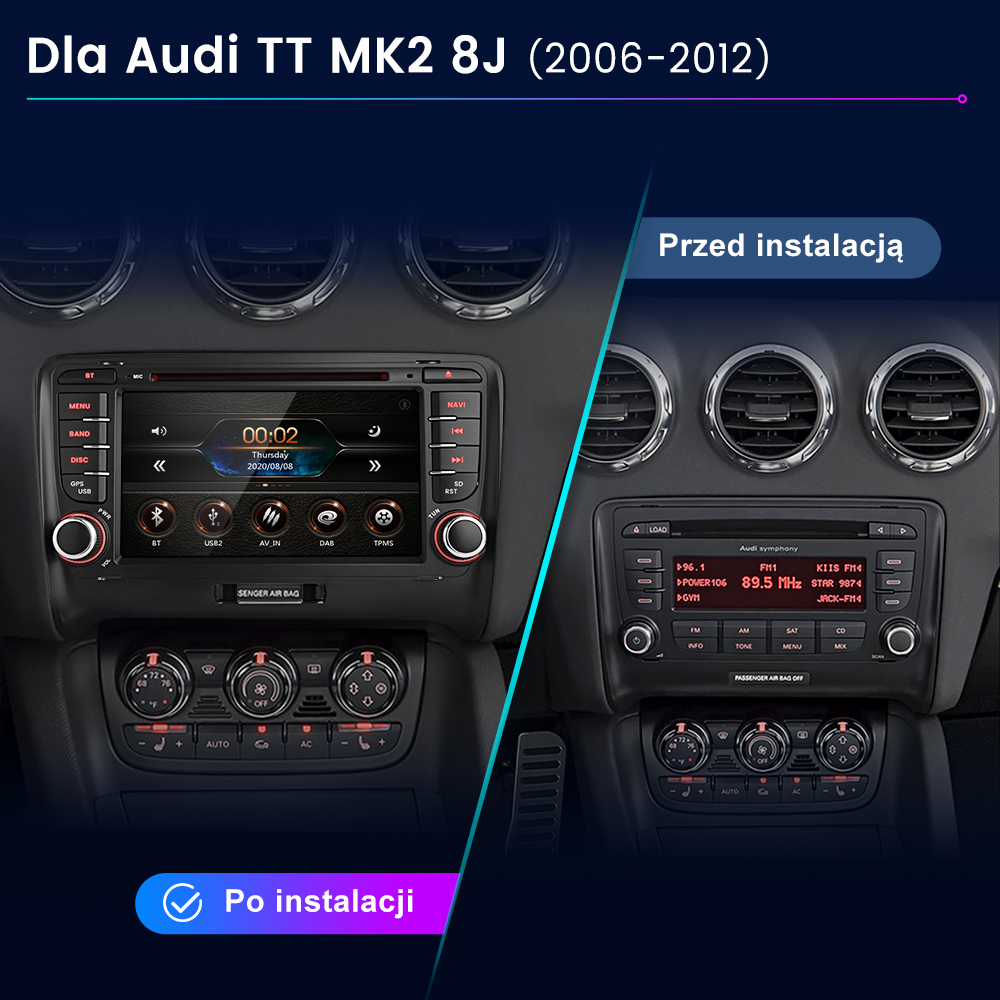 Porównanie instalacji radia samochodowego Audi TT. Po lewej: Nowe radio. Po prawej: Stare radio. Obie części wnętrza.