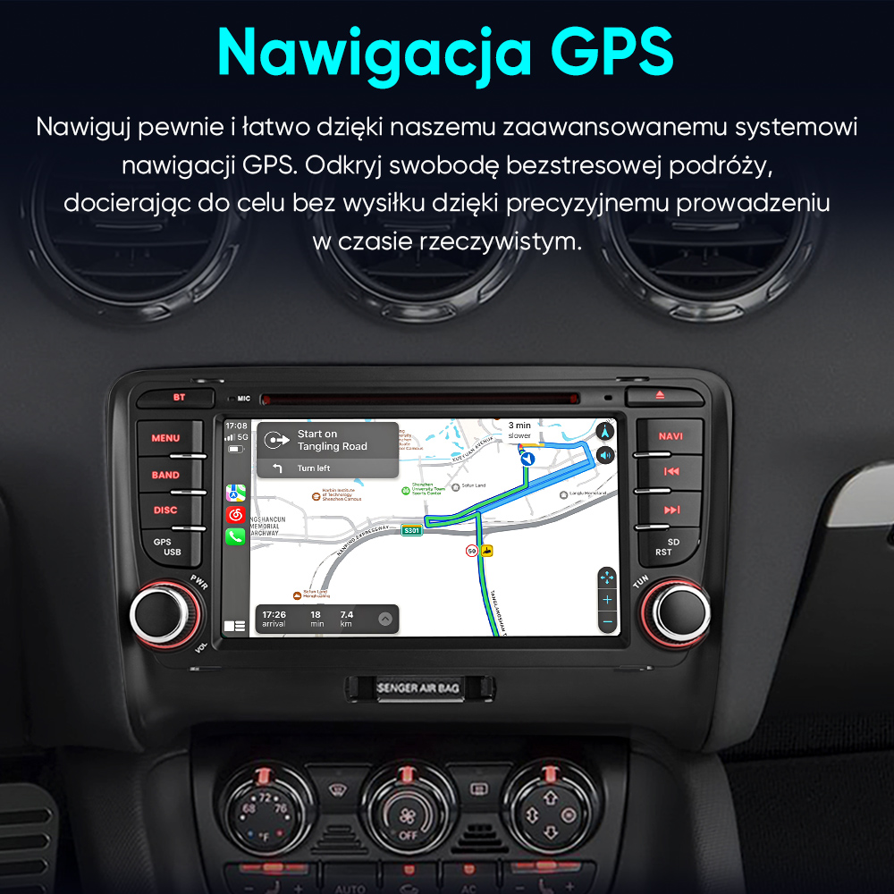 Ekran nawigacji GPS w samochodzie wyświetla mapę z prowadzeniem po trasie. Widoczne są przyciski menu, pasma, płyty i USB.