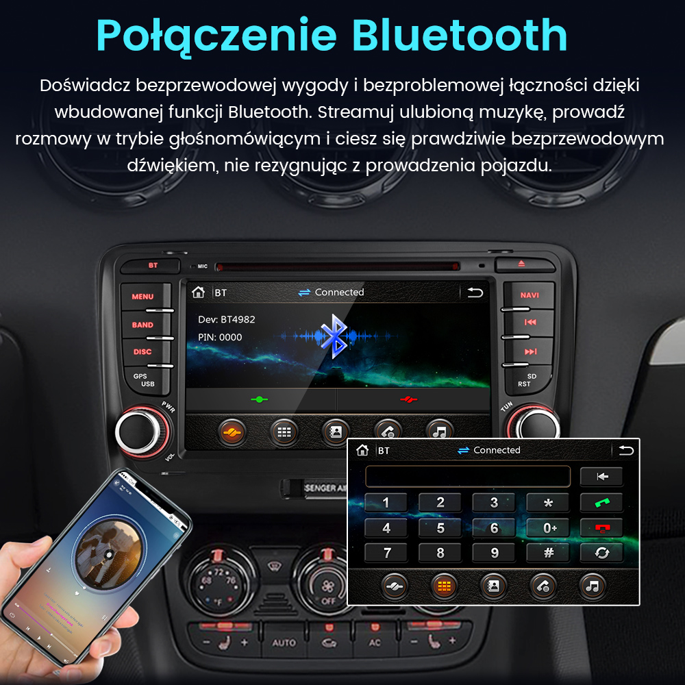 Ekran radia samochodowego z połączeniem Bluetooth. Telefon jest podłączony. Widoczne przyciski do połączeń i muzyki.