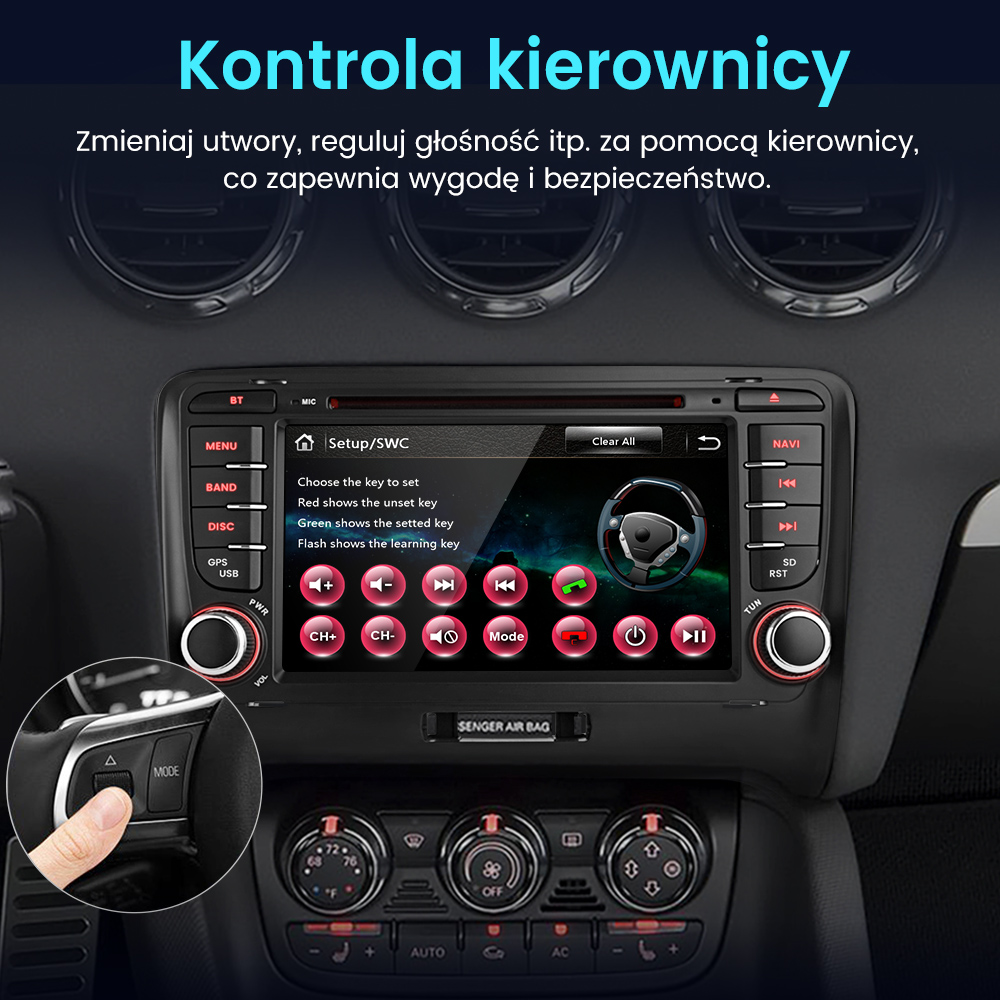 Radio samochodowe z ekranem dotykowym, przyciskami i ręką naciskającą przycisk na kierownicy. Widoczny jest tekst w języku polskim.