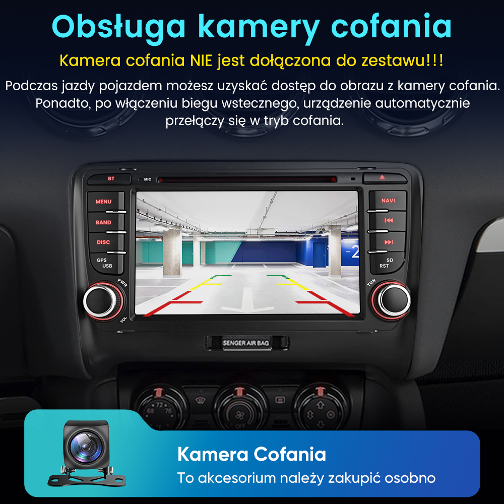 Deska rozdzielcza samochodu z widokiem parkowania, z polskim tekstem o kamerze cofania. Kamera pokazana na dole.
