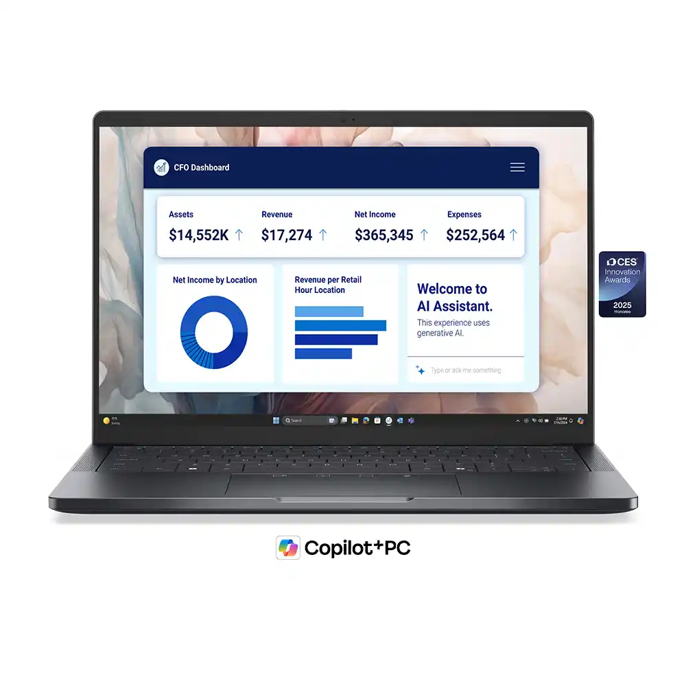 Bir dizüstü bilgisayar, finansal verilerle bir CFO panosunu görüntülüyor. Sağda 'CES Innovation Awards 2025' rozeti var. Altta Copilot+PC logosu.