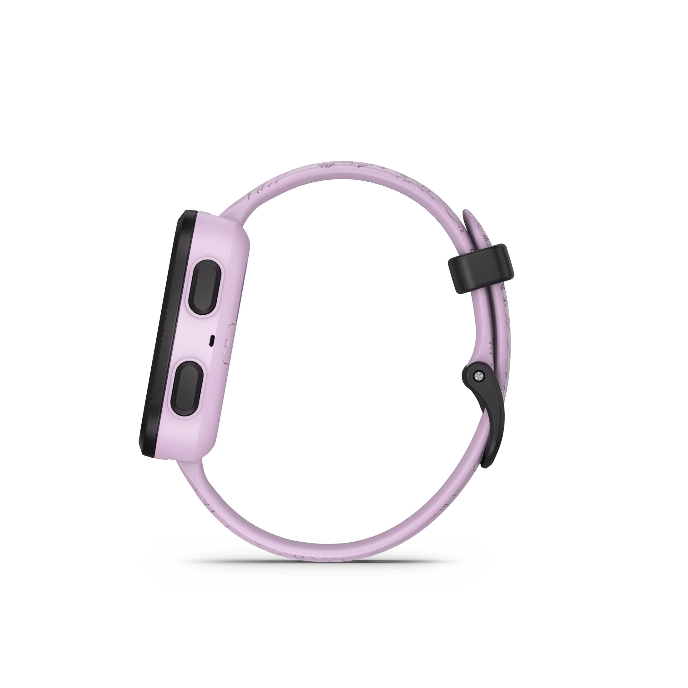 Widok z boku jasnofioletowego smartwatcha. Ma czarny ekran i przyciski. Pasek jest również fioletowy.