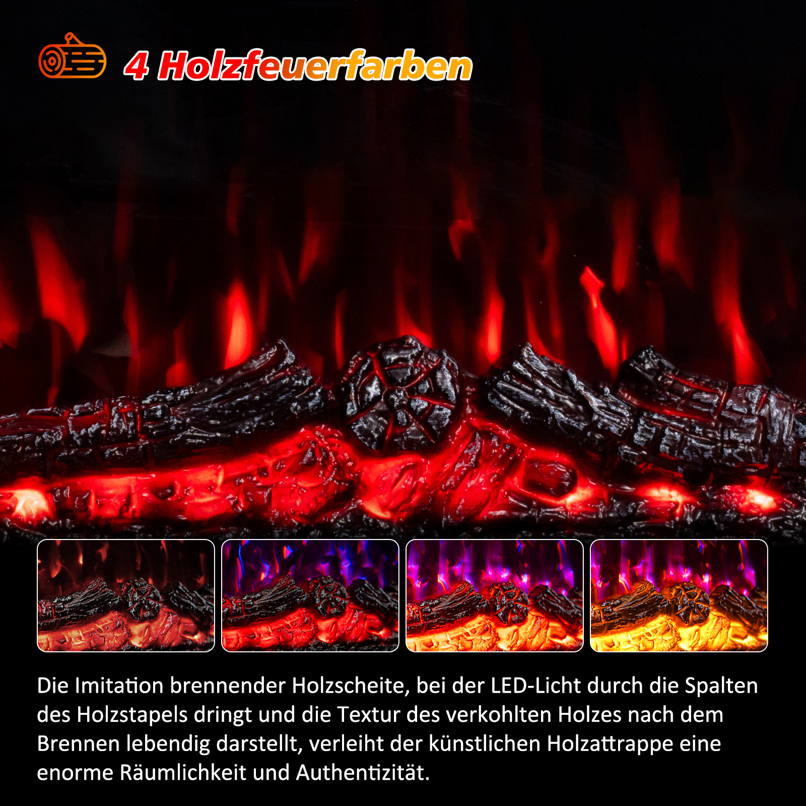 Das Bild zeigt einen dekorativen Kamin mit roten Flammen und Holzscheiten. Vier Farboptionen werden angezeigt.
