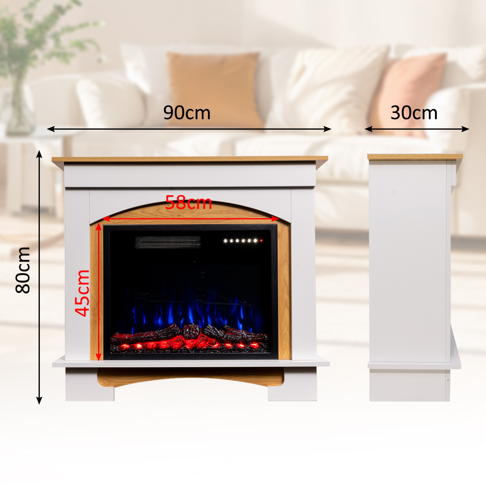Chimenea eléctrica con marco blanco, tapa y detalles de madera. Llama azul y brasas rojas. Dimensiones visibles.