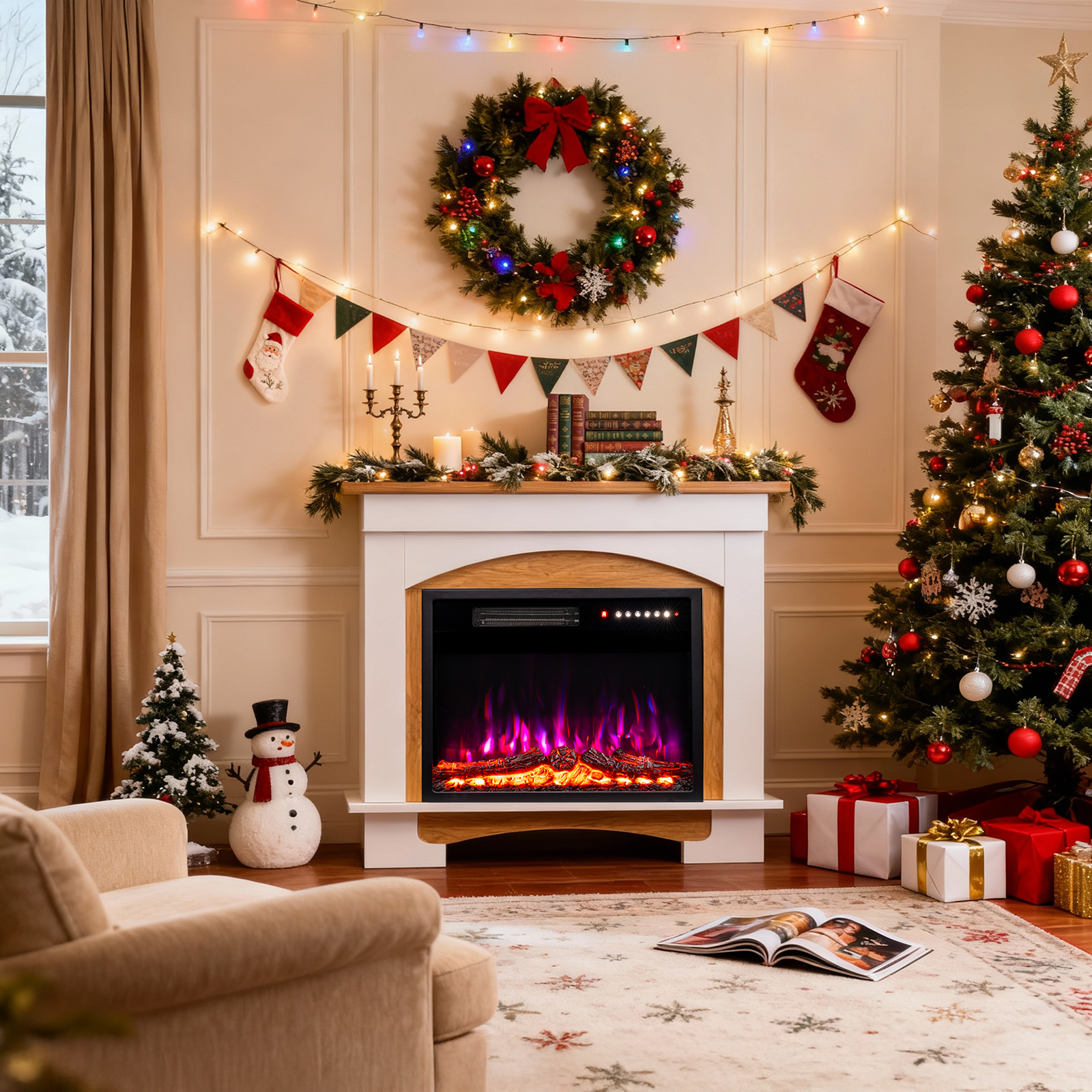 A decorated room with a Christmas tree, fireplace, wreath, snowman, and gifts. The fireplace has a purple flame effect.