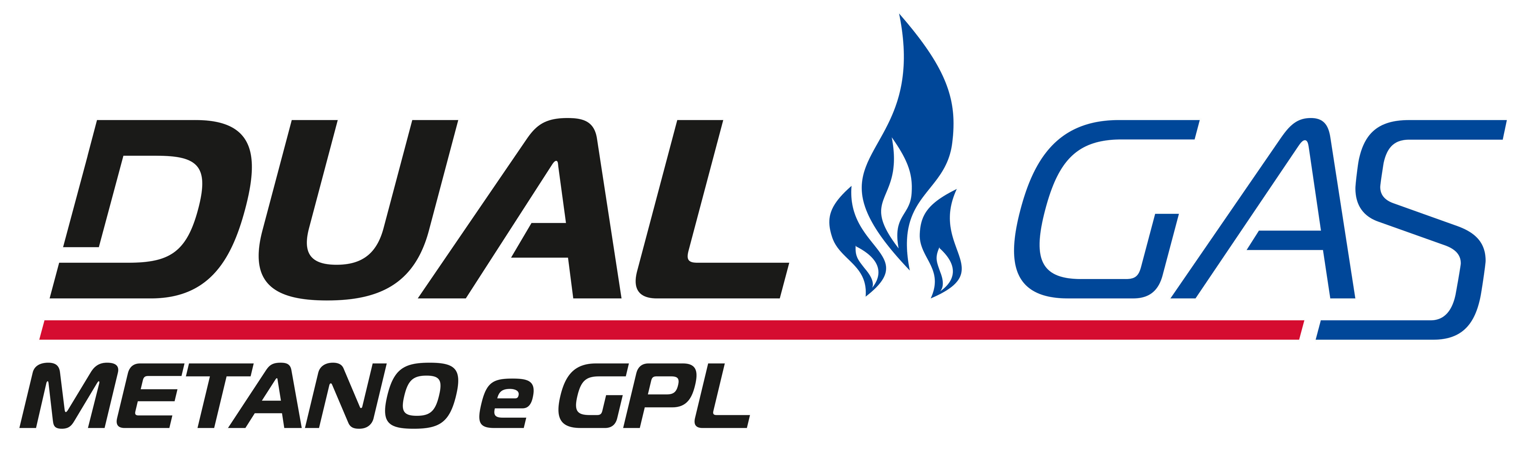 Il logo dice DUAL GAS, con una fiamma. Sotto, METANO e GPL in nero su una linea rossa.