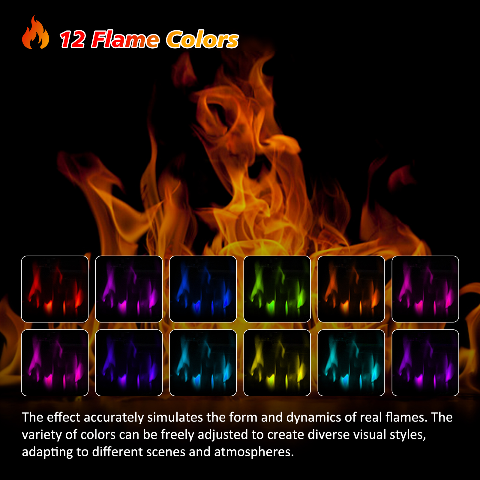L'image montre 12 couleurs de flammes dans des carrés. Le fond est un effet de feu.