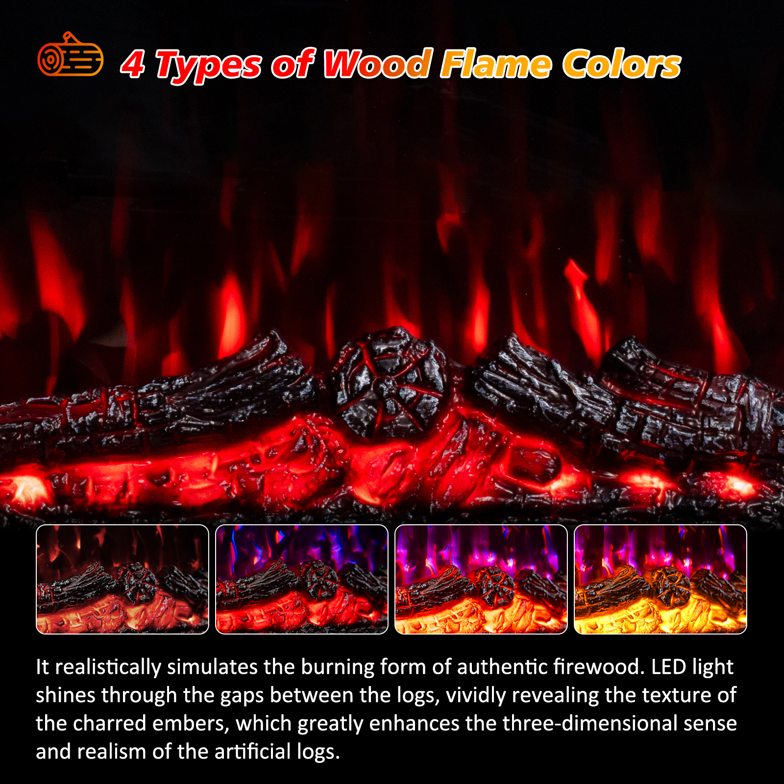 L'image montre une cheminée avec des flammes rougesoyantes et quatre variations de couleurs de flammes.
