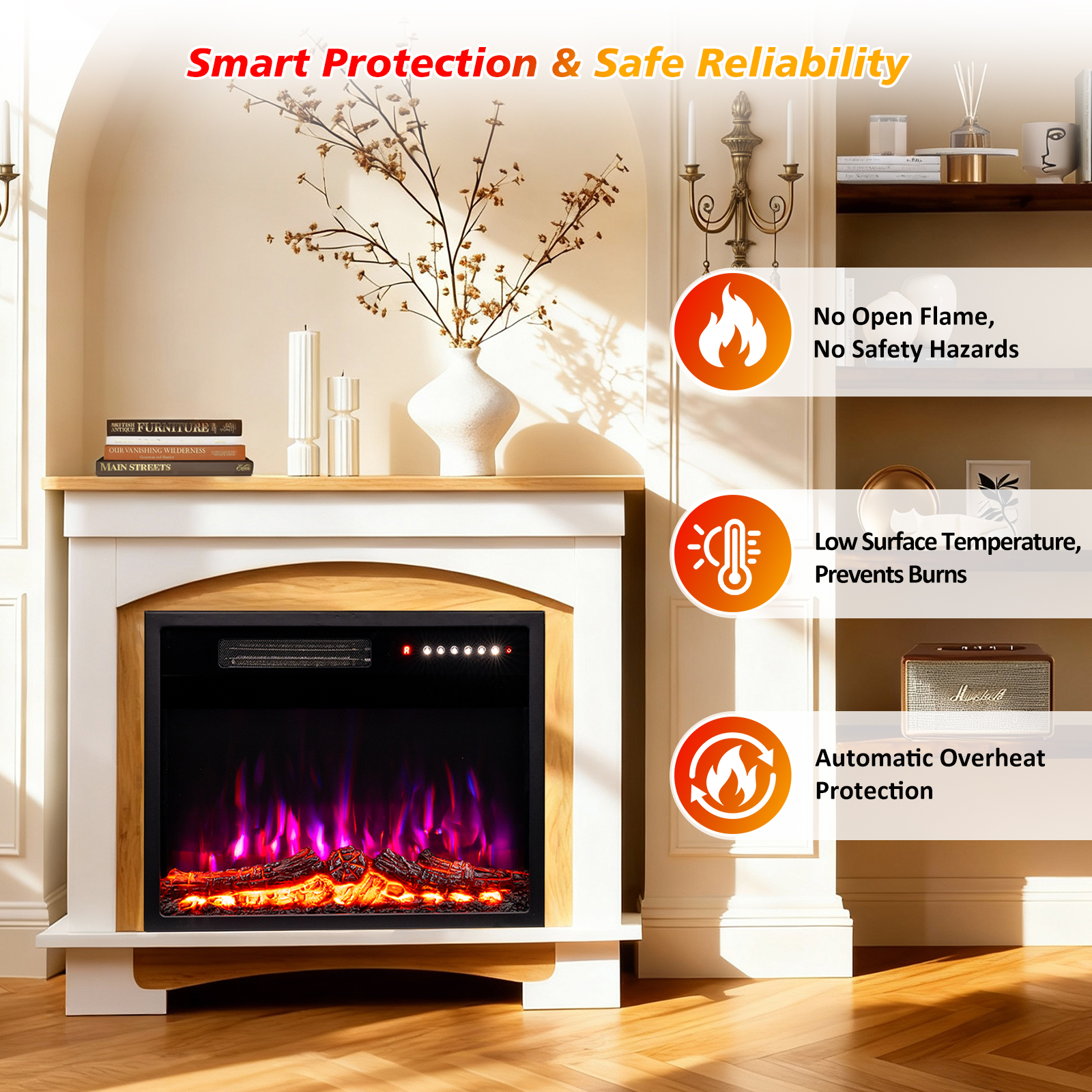 Electric fireplace with white mantel, a black insert with fire effect, and safety icons.