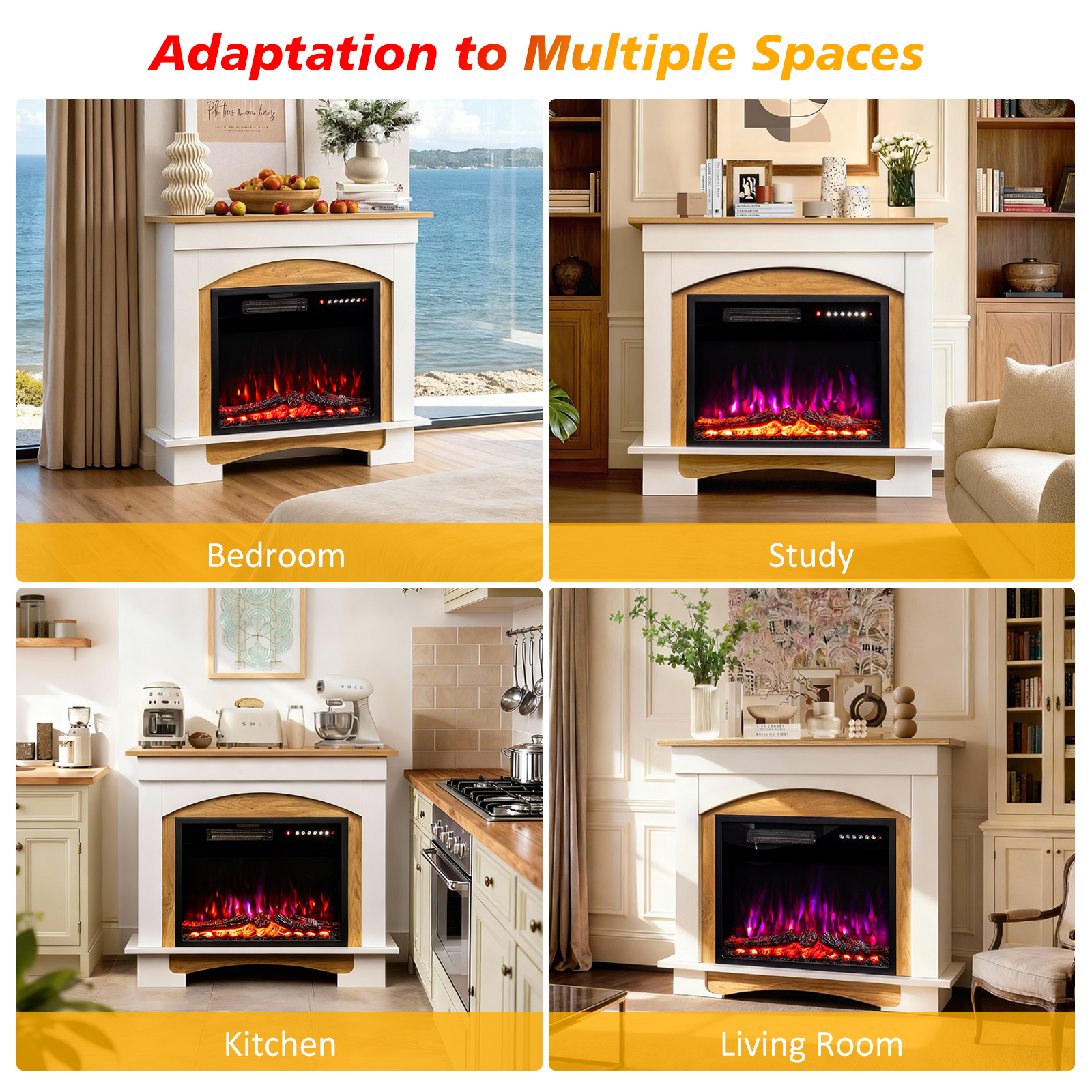 Image shows a fireplace in four different rooms: bedroom, study, kitchen, and living room. Each setup is labeled.