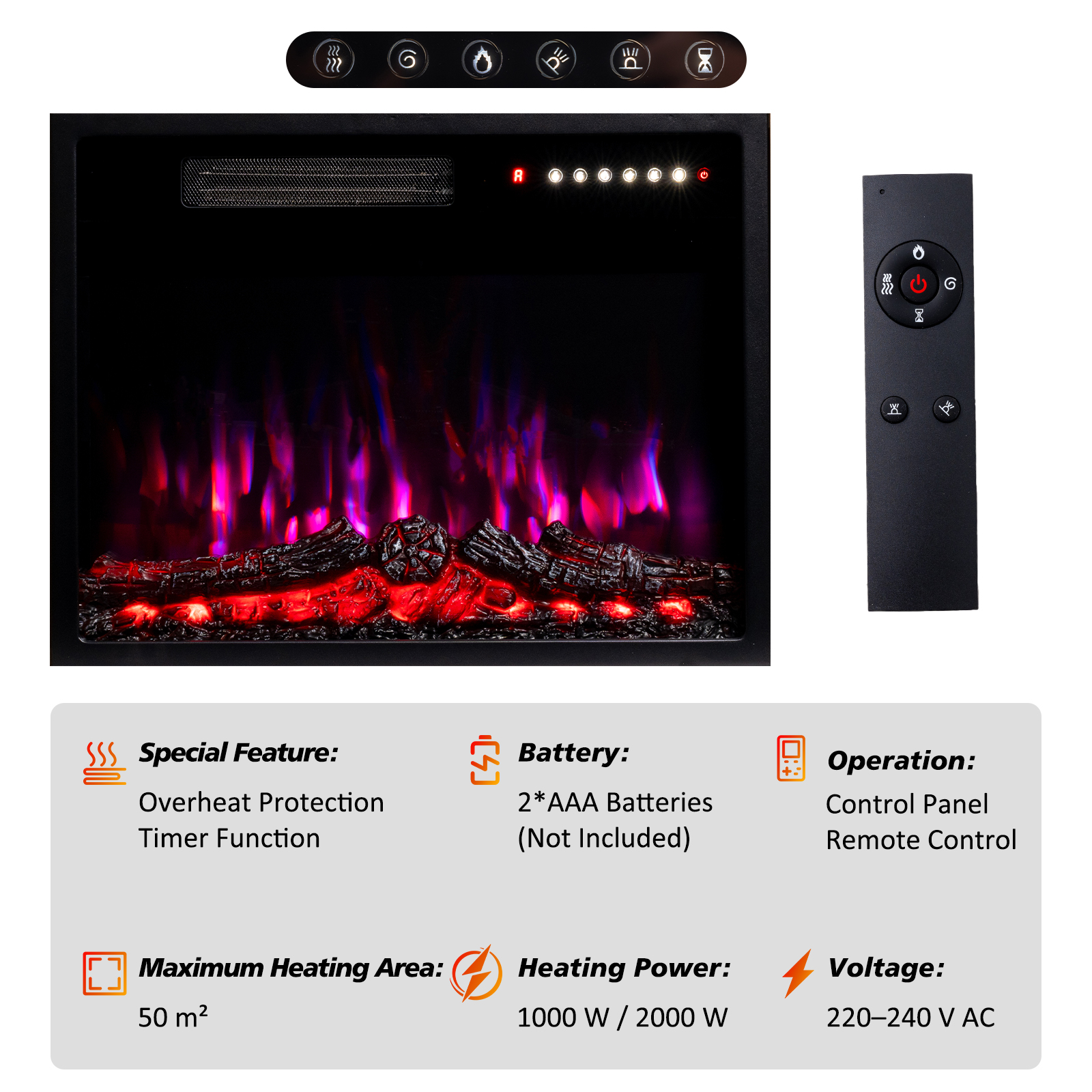 Cheminée électrique avec flammes LED, bûches et télécommande. Fonctions : protection contre la surchauffe et minuterie.