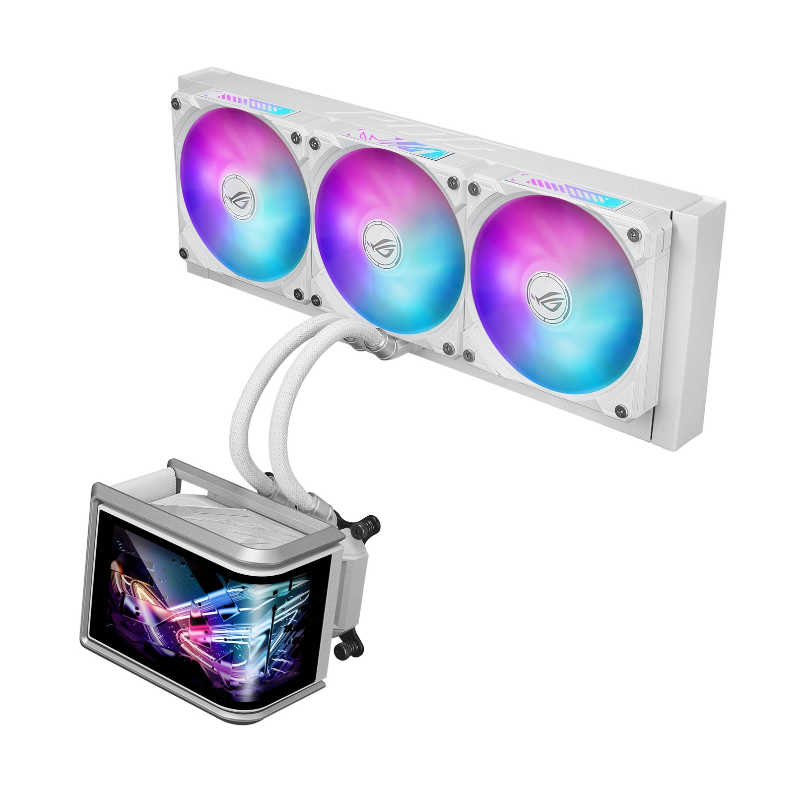 RGB ışıklı üç fanlı beyaz bilgisayar soğutma sistemi, renkli bir grafik gösteren bir ekrana bağlı.