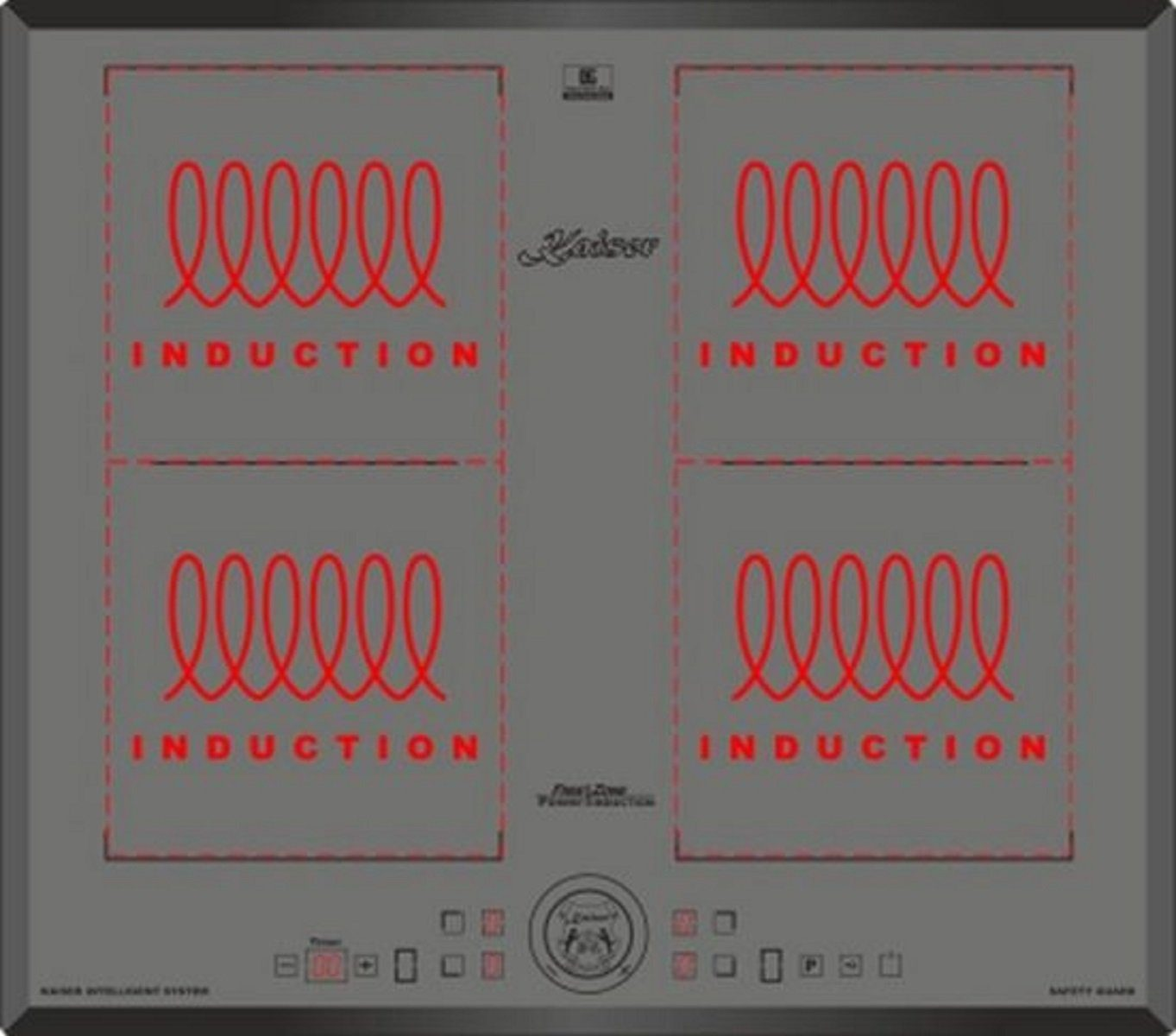 Ein graues Induktionskochfeld mit vier Zonen. Jede Zone hat ein rotes Spiraldesign und das Wort 'INDUCTION'. Der Markenname 'Kaiser' ist sichtbar.