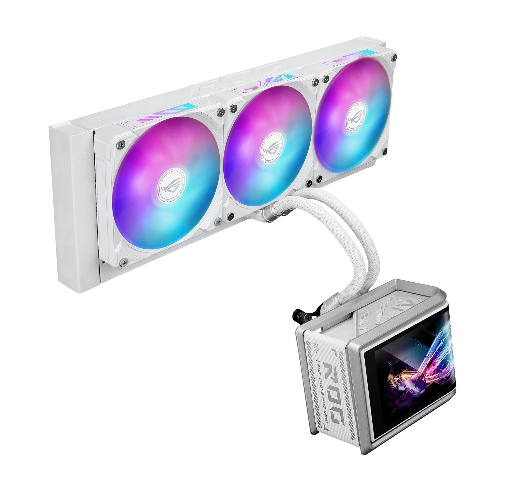 Beyaz PC soğutucu, üç fan, RGB ışıkları ve küçük bir ekran. Beyaz tüpler dikdörtgen tabana bağlanır.