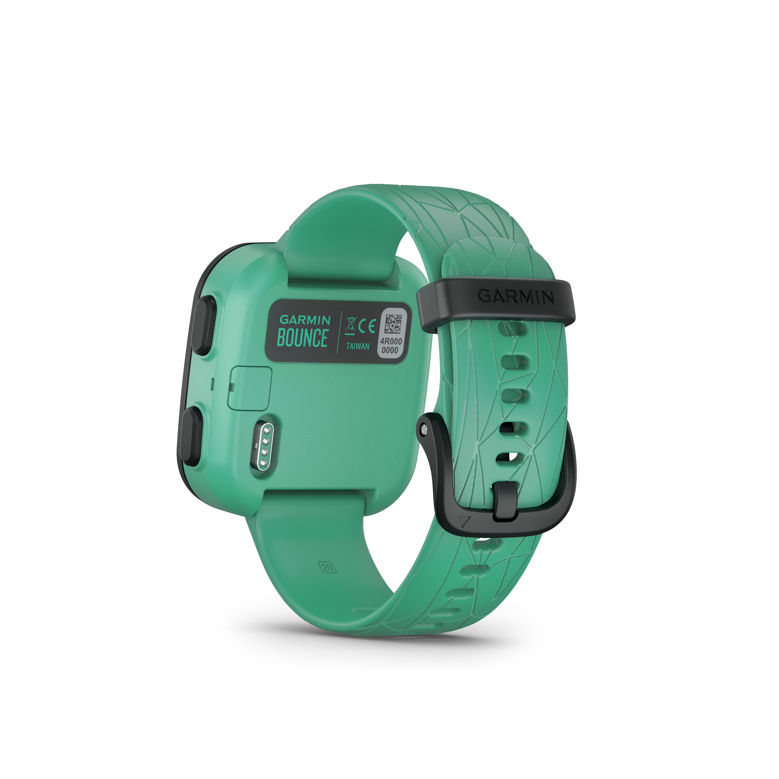 Zielony smartwatch Garmin Bounce z czarnym paskiem, na czarnym tle.