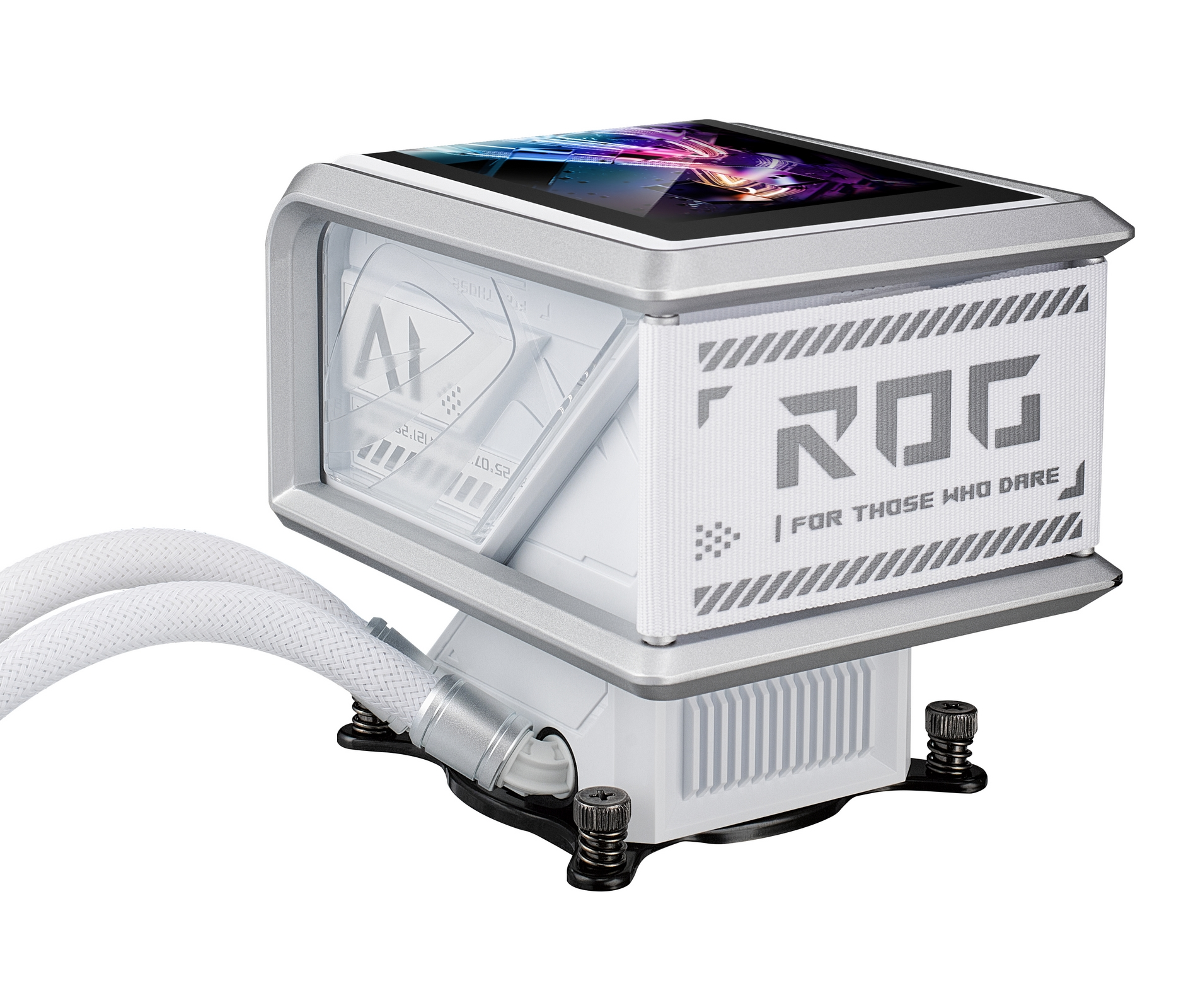 Beyaz ve gümüş ROG CPU soğutucusu. Bir ekran ve ROG logosu var.