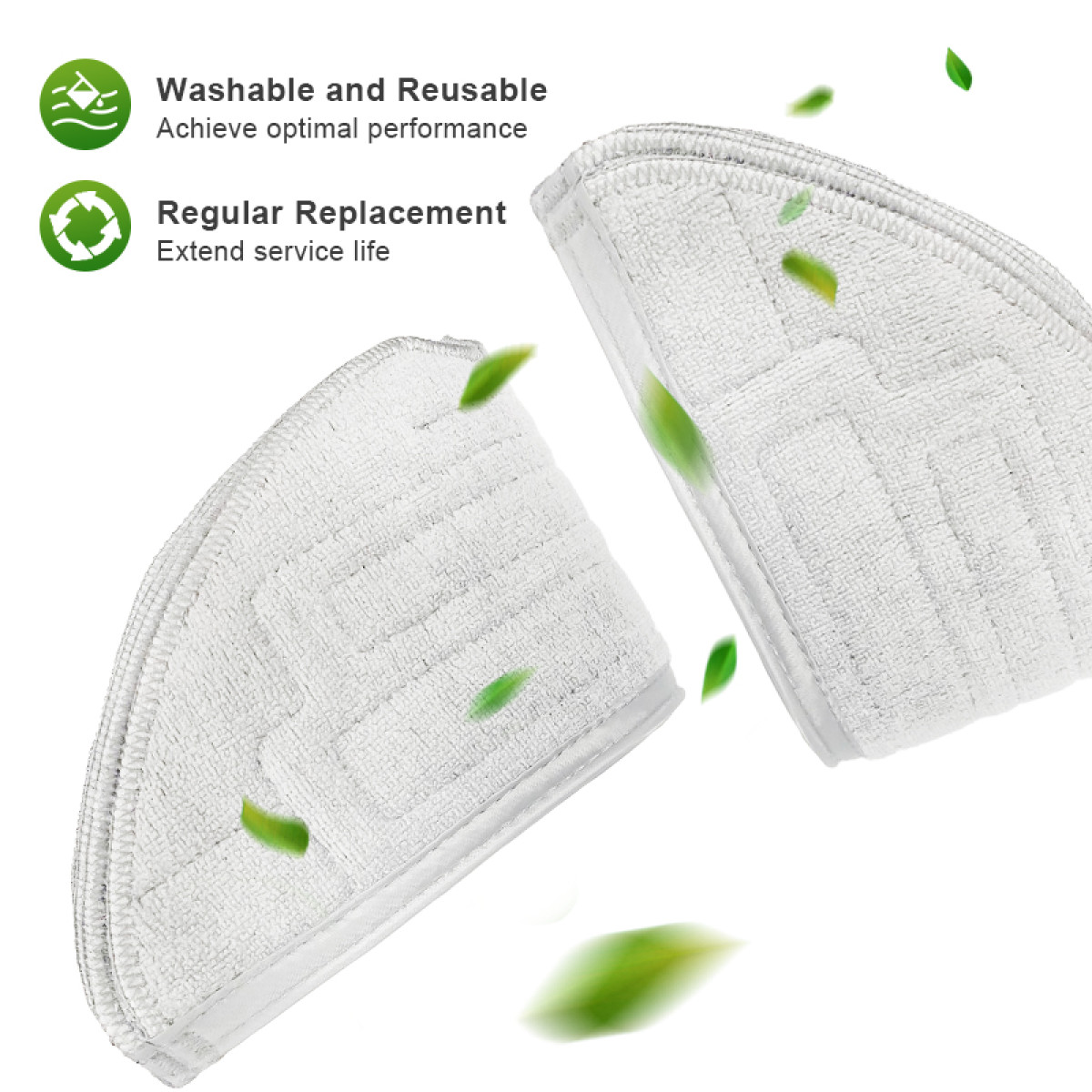 Dwa białe, półokrągłe pady do mopa z pływającymi zielonymi liśćmi. Tekst wskazuje, że są zmywalne i do regularnej wymiany.