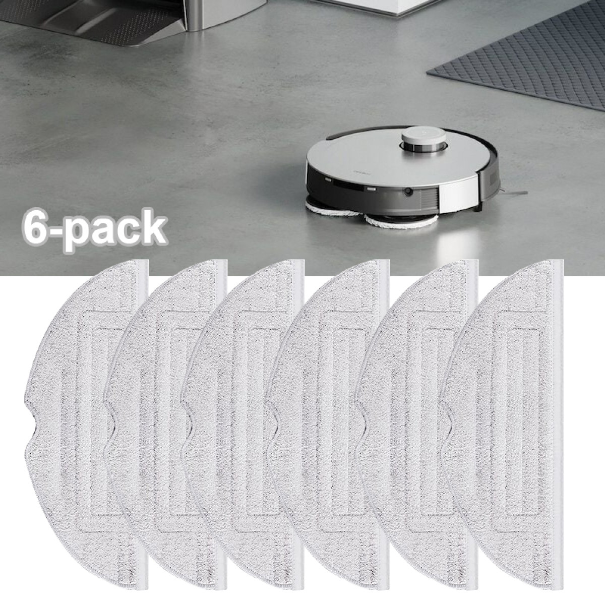 Wyświetlany jest robot odkurzający i sześć podkładek czyszczących. Odkurzacz stoi na szarej podłodze. Podkładki są na pierwszym planie.