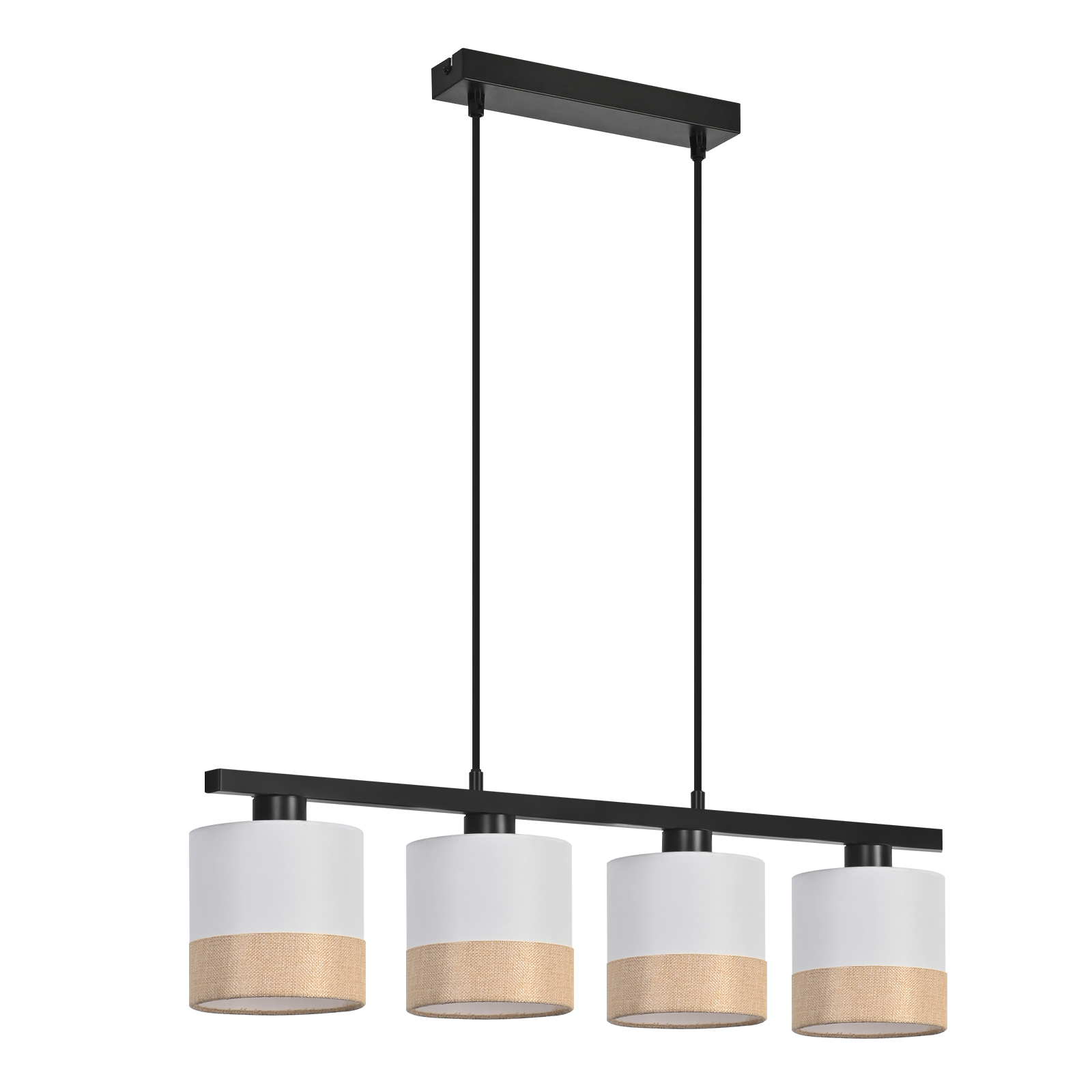 Nowoczesna czarna lampa sufitowa z czterema cylindrycznymi kloszami. Każdy klosz ma białą górną i beżową dolną część.