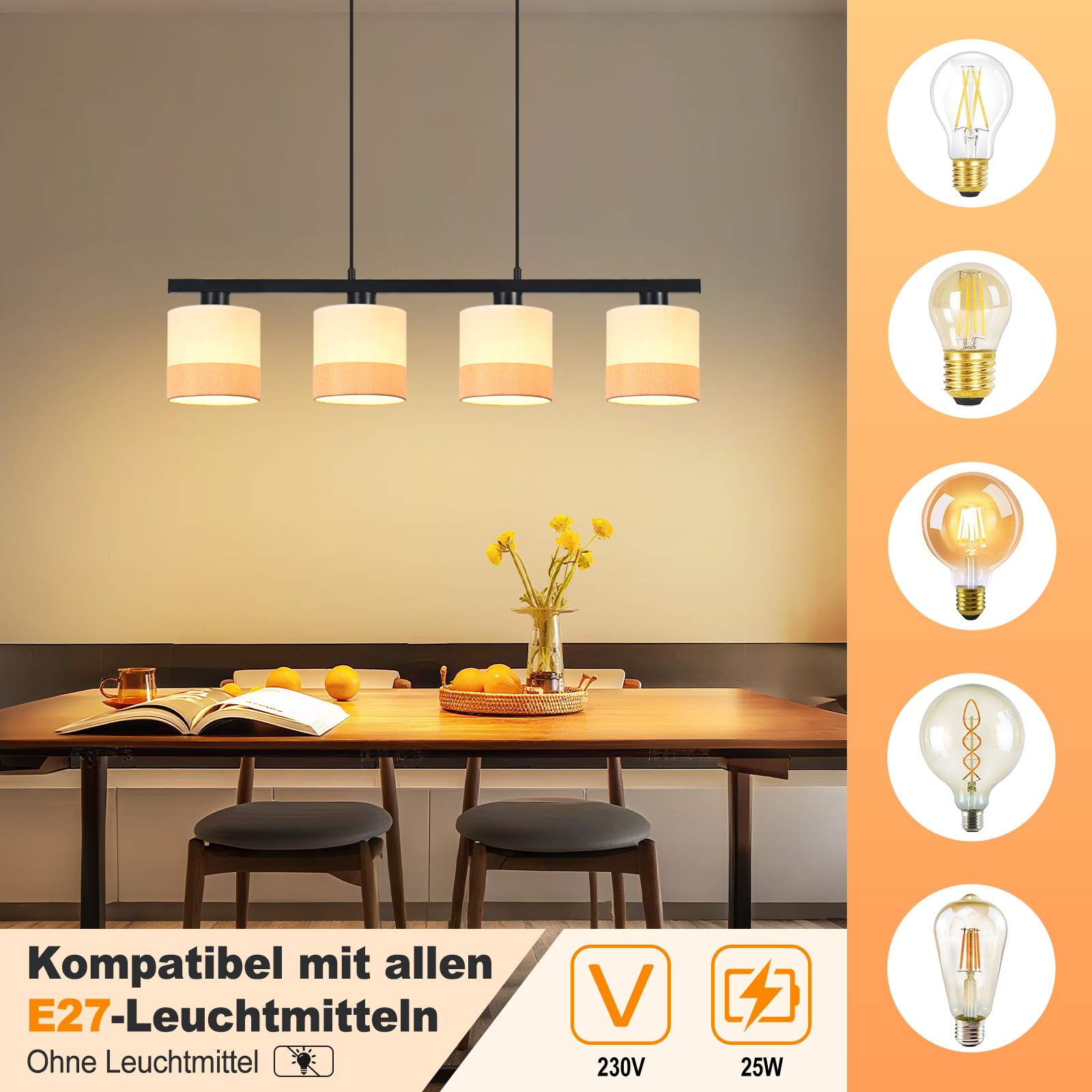 Jadalnia ze stołem drewnianym, krzesłami i lampą wiszącą. Różne żarówki pokazane po prawej.