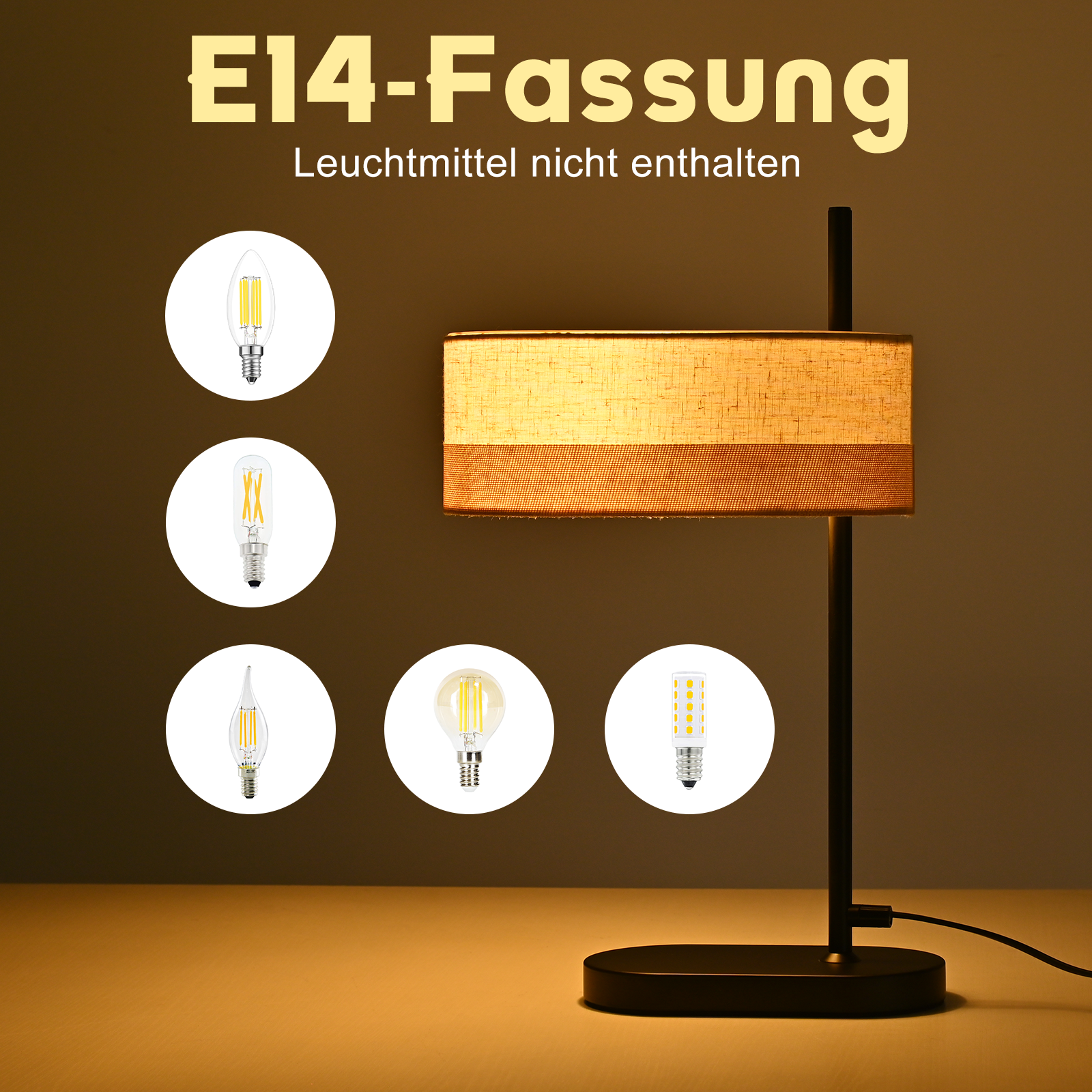 Obraz przedstawia lampę z różnymi typami żarówek. U góry napis: E14-Fassung. Leuchtmittel nicht enthalten.