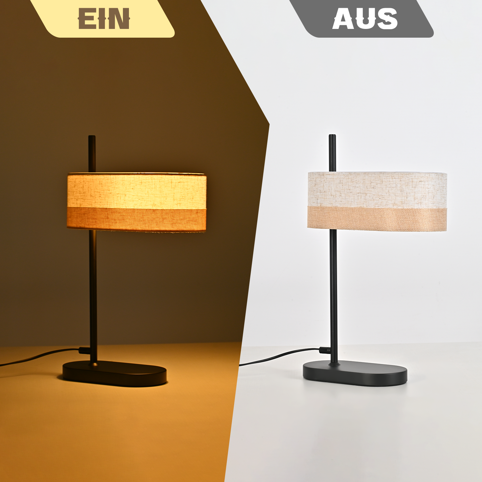 Lampa jest pokazana w stanach włączenia i wyłączenia. Stan włączenia ma ciepłe światło, wyłączenia jest białe. Oba mają czarną podstawę.