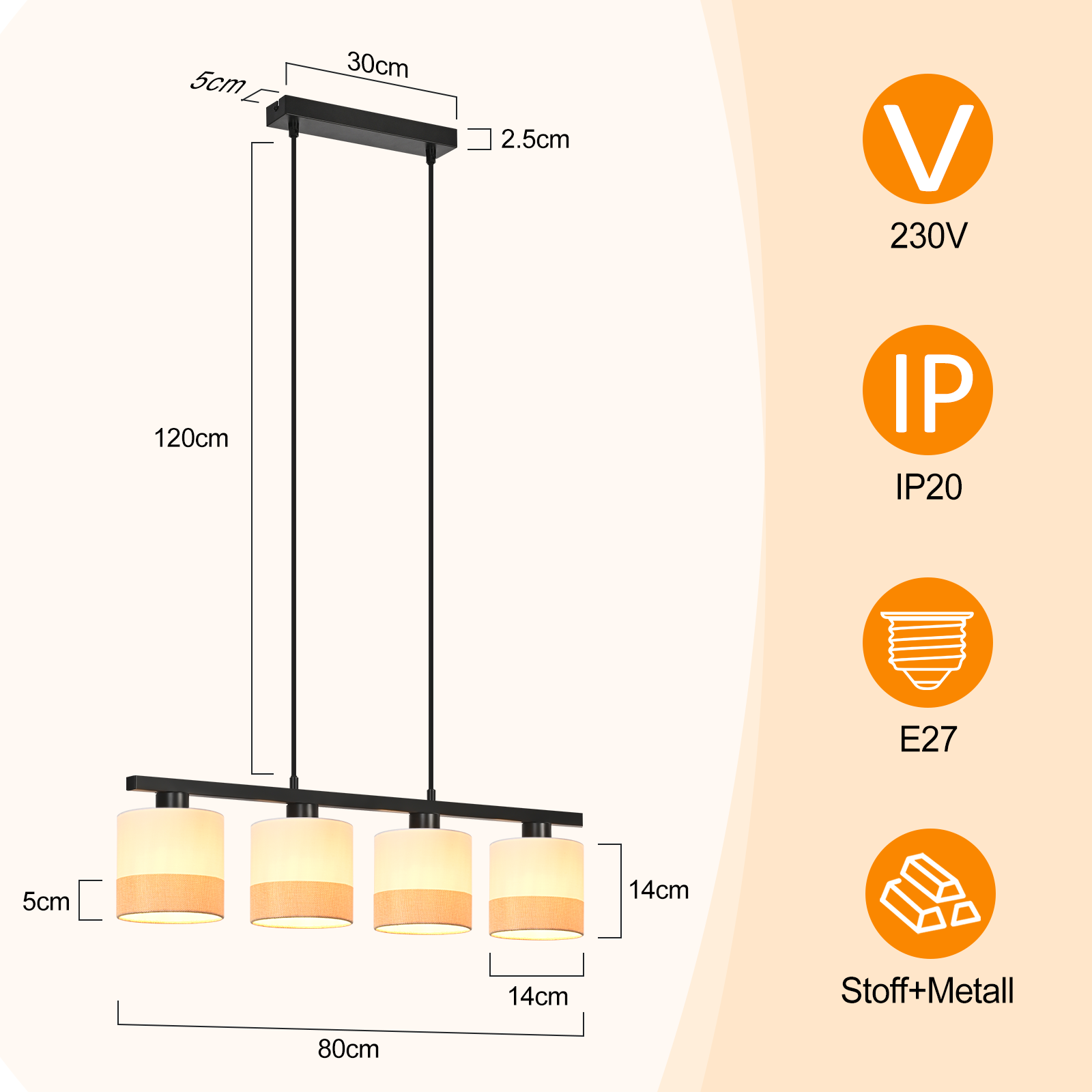 Nowoczesny czarny żyrandol z czterema cylindrycznymi kloszami, podano wymiary. Po prawej stronie kilka ikon.