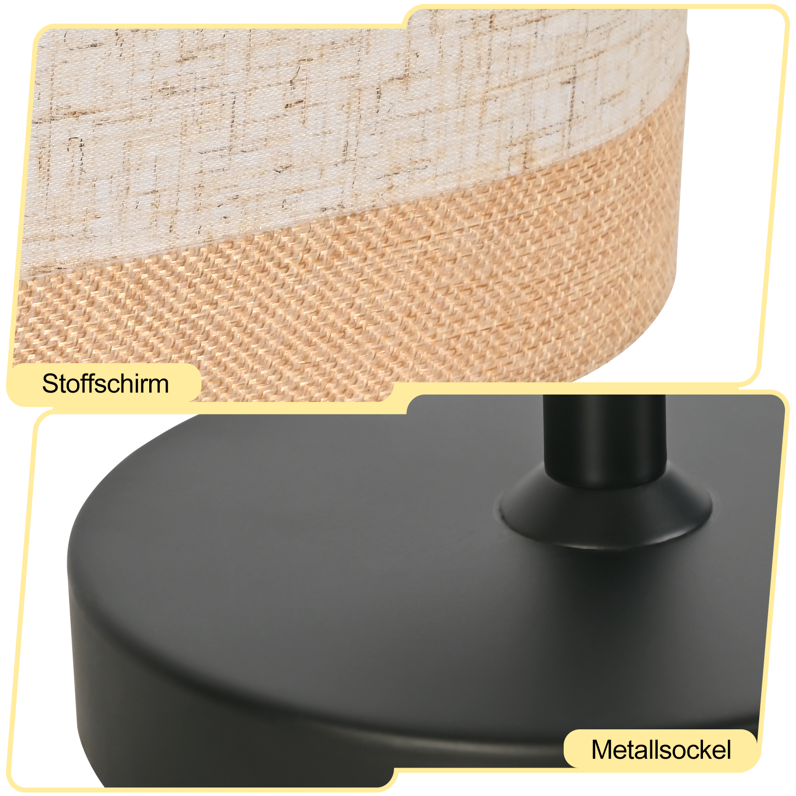 Zbliżenie lampy. Klosz to beżowa tkanina na brązowym, tkanym fragmencie. Podstawa to czarny metal.