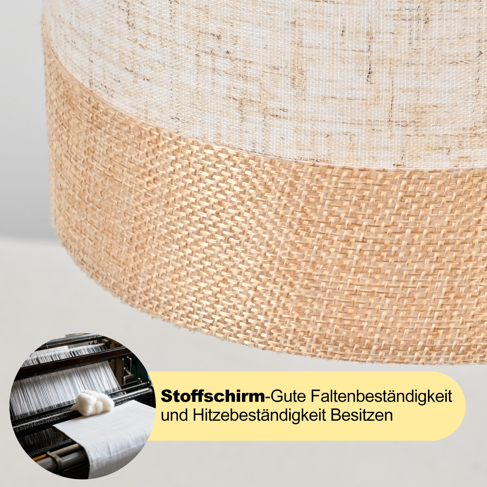 Zbliżenie klosza z tkaną fakturą. Mniejszy obraz przedstawia produkcję tekstyliów, pod spodem tekst.