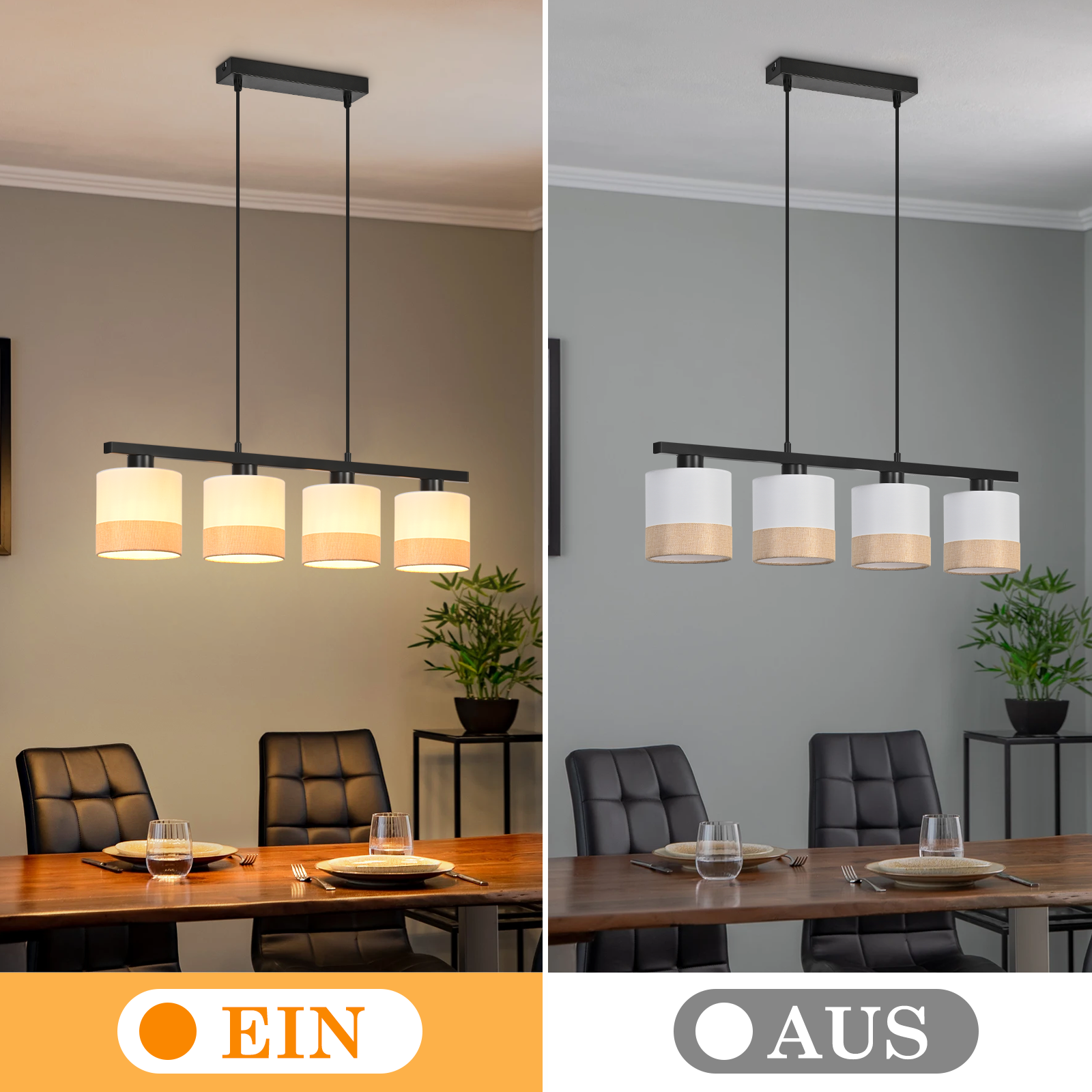 Scena w jadalni ze stołem, talerzami, szklankami i lampą z czterema światłami. Połowa zdjęcia pokazuje światło włączone, a druga wyłączone.