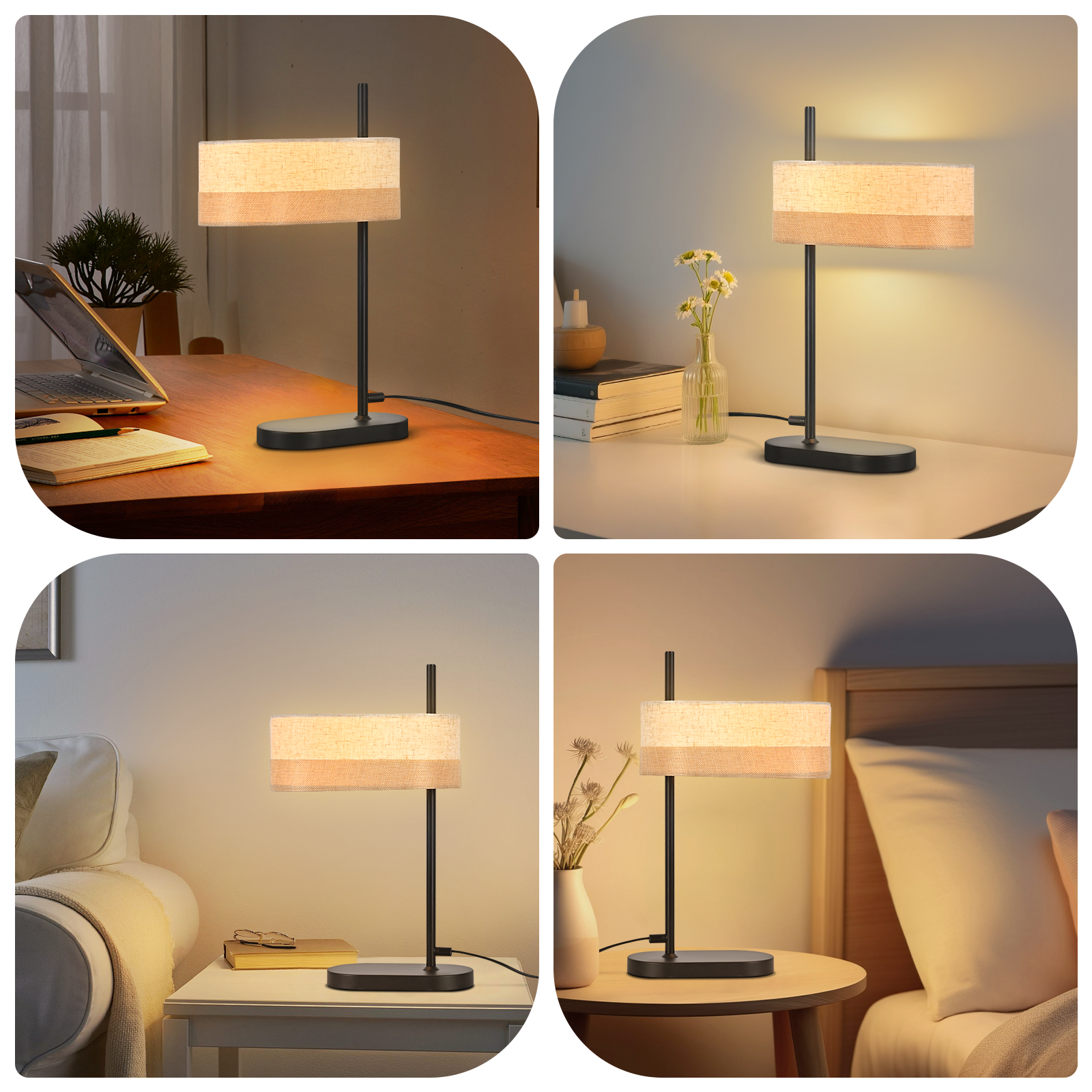 Nowoczesna czarna lampa z prostokątnym abażurem. Stoi na stole. Tło przedstawia wnętrze pokoju.