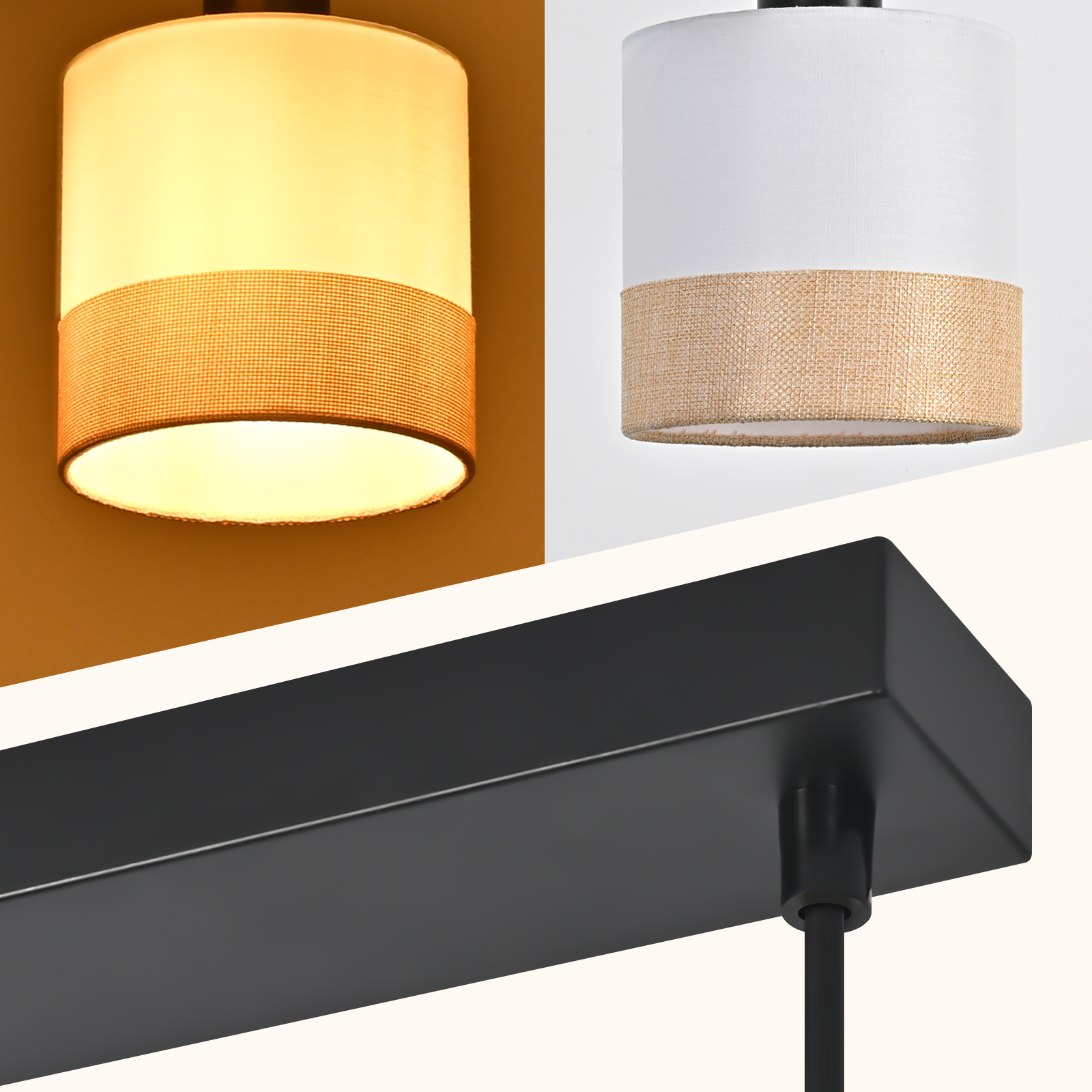 Trzyczęściowy obraz: lampy wiszące z materiałowymi kloszami i czarne prostokątne mocowanie sufitowe.