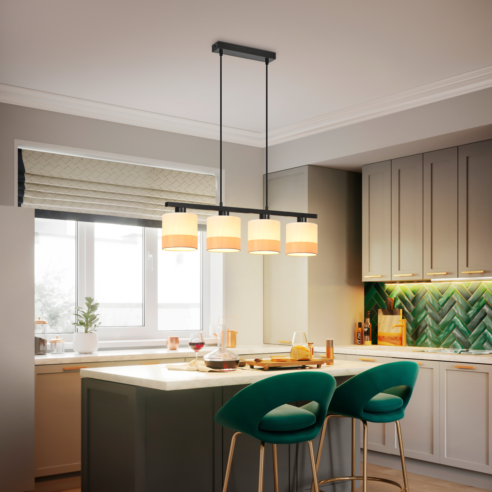 Nowoczesna kuchnia z lampą wiszącą, wyspą i stołkami barowymi. Zawiera okno, szafki i zieloną ścianę.