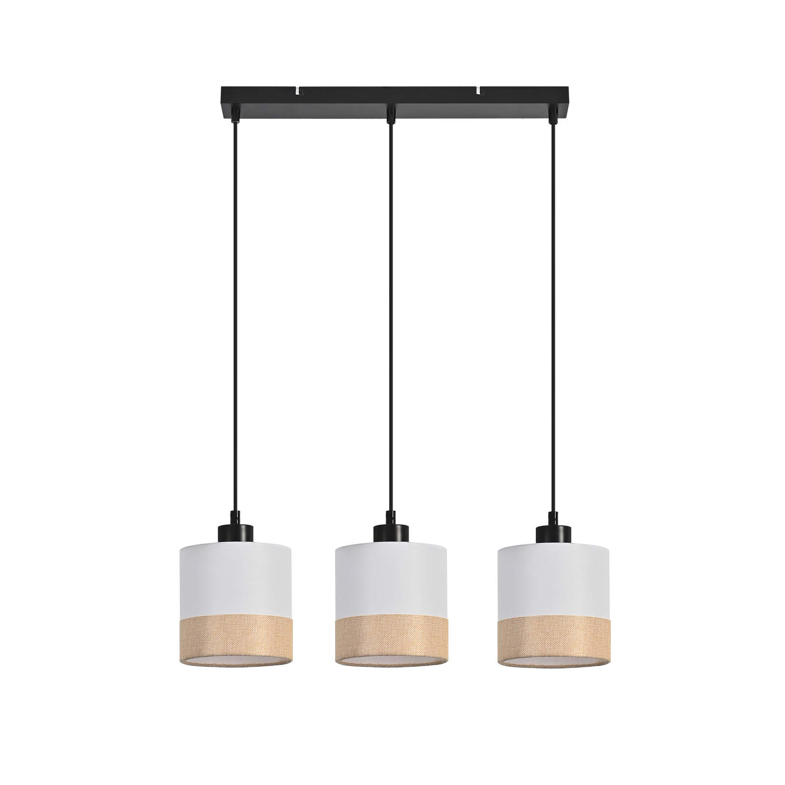 Pendelleuchte mit drei Lichtern. Zylindrische Schirme: weiß oben, beige unten. Schwarze Deckenhalterung und Drähte. Weißer Hintergrund.
