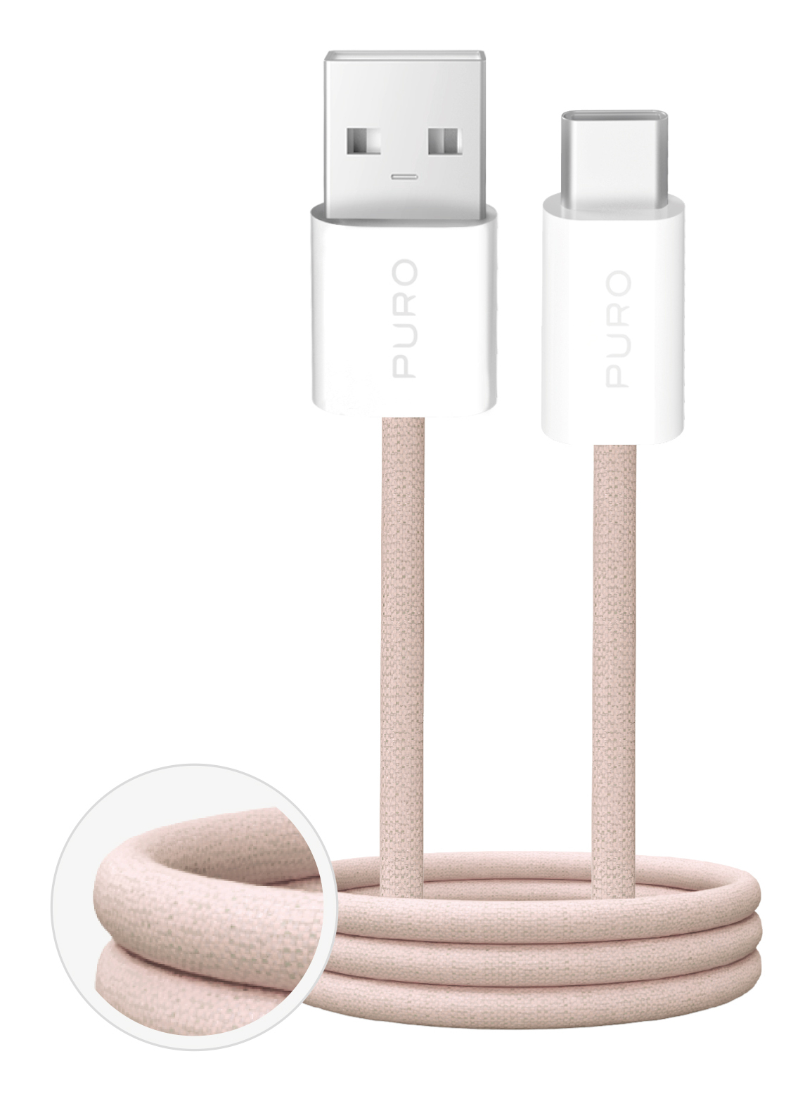Biały kabel USB z wtyczkami USB-A i USB-C. Kabel jest beżowy, zwinięty u podstawy. 'PURO' jest wydrukowane na wtyczkach.