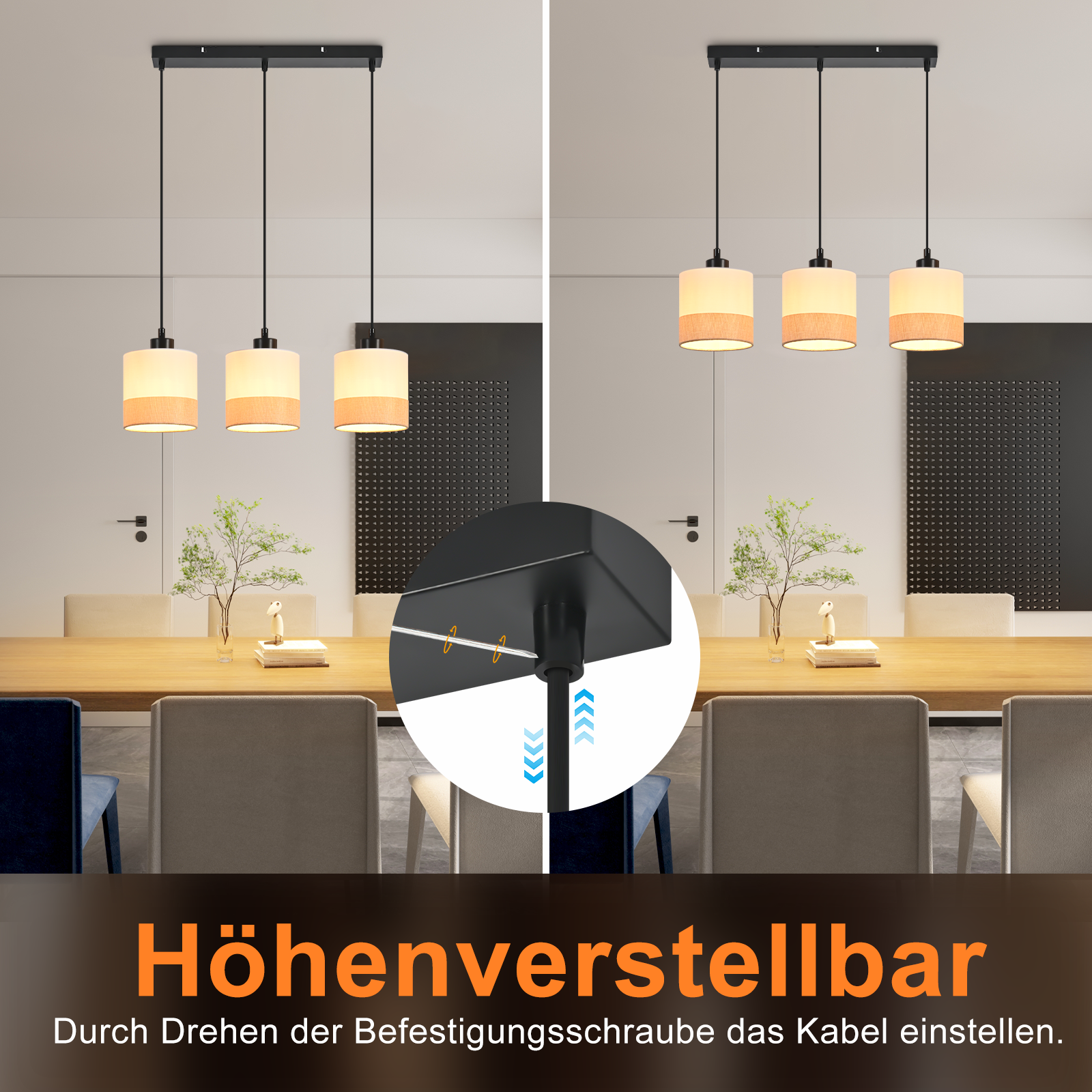Drei Pendelleuchten über einem Esstisch. Jede Leuchte ist ein Zylinder mit hellem Schirm. Höhenverstellbar.