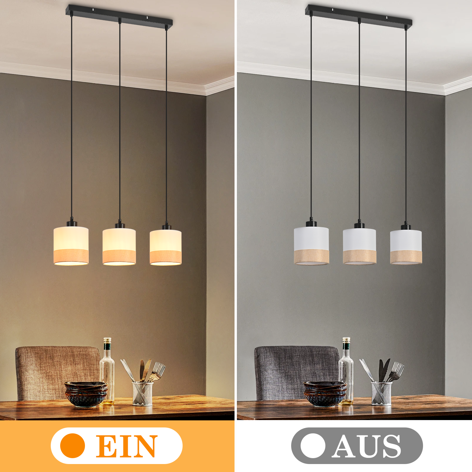 Esszimmer mit Pendelleuchten, Tischdekoration und Ein/Aus-Optionen. Eine Seite beleuchtet, die andere aus.