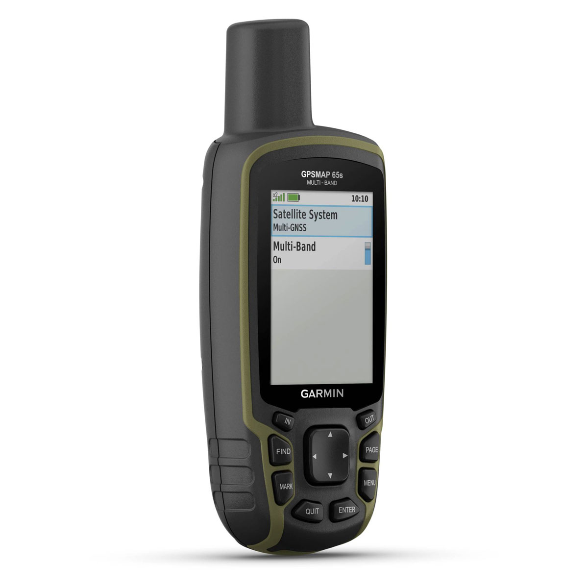 Ein Garmin GPSMAP 65s, ein Hand-GPS-Gerät, zeigt Einstellungen für Satellitensystem und Multiband an. Knöpfe und ein Richtungspad sind sichtbar.