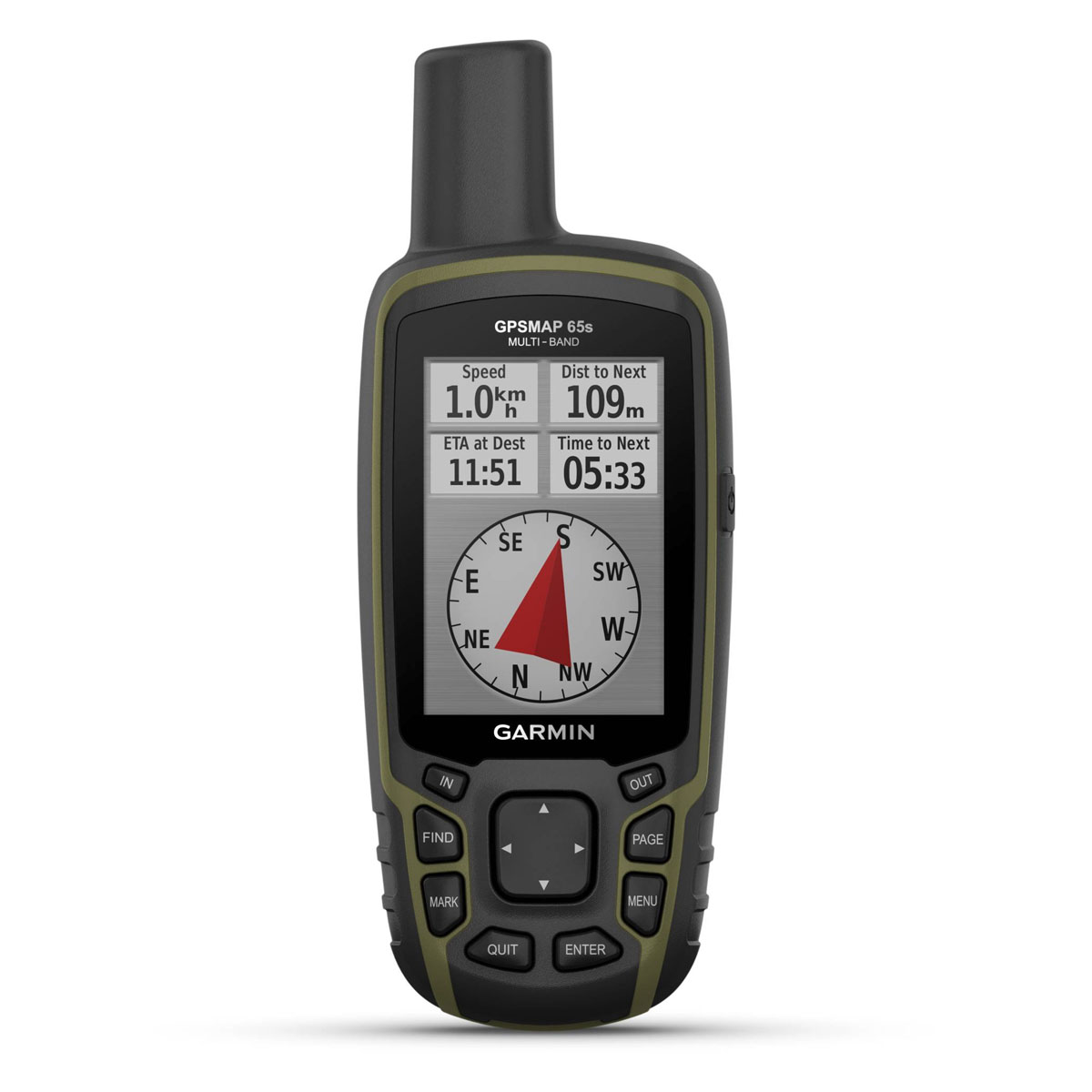 Ein Garmin GPSMAP 65s Gerät zeigt Geschwindigkeit, Entfernung, ETA und Zeit an. Es hat einen Kompass und Tasten für Navigation und Funktionen.