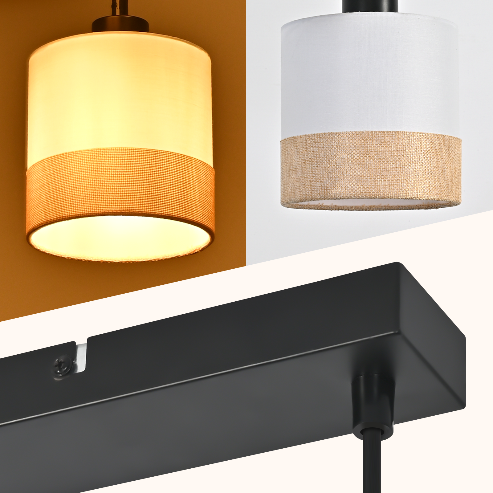 Das Bild zeigt eine Nahaufnahme einer Lampe mit weißem Lampenschirm und einem braunen Webband.