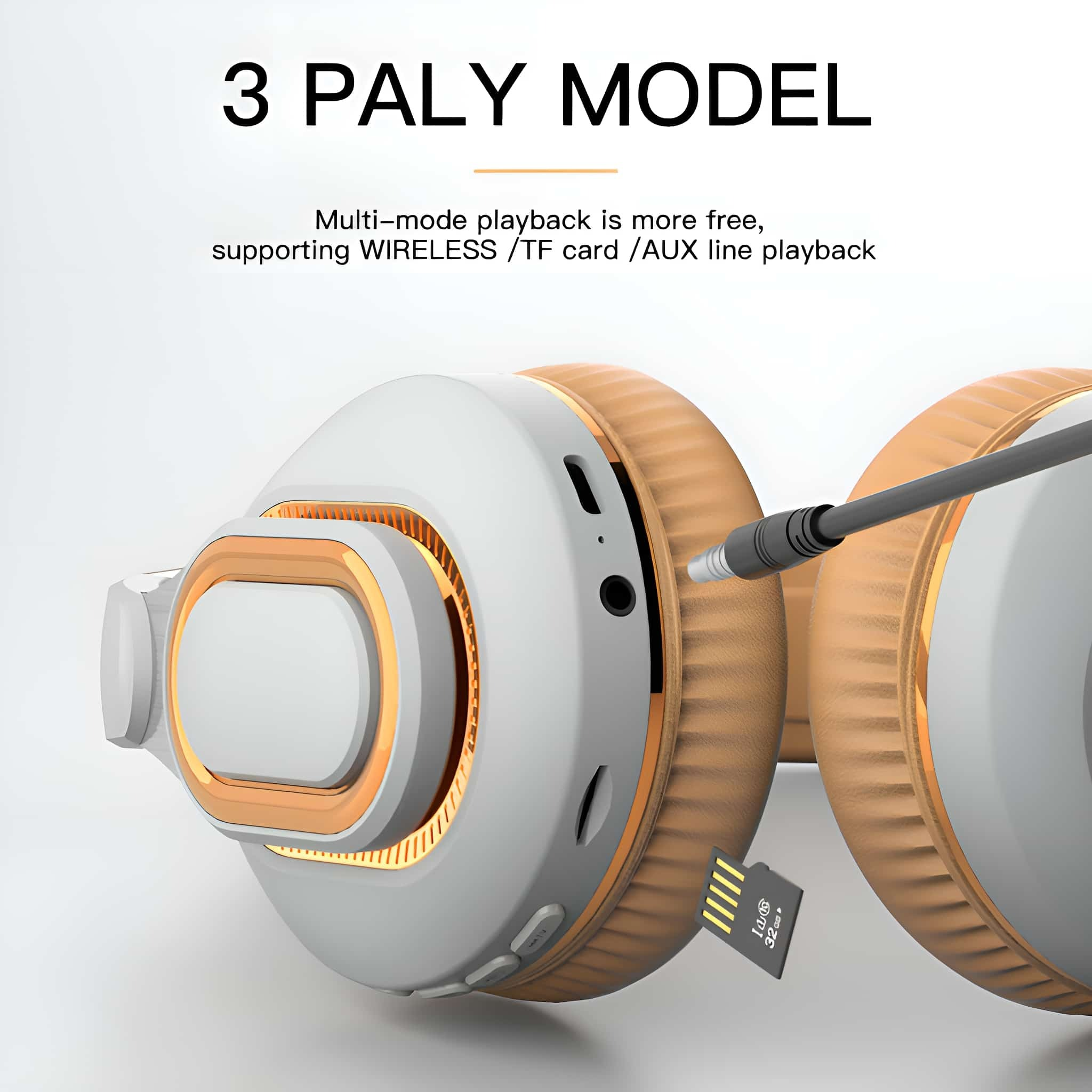 Kopfhörer mit weißen und goldenen Akzenten, einer TF-Karte und einem Kabel. Der Text oben lautet '3 PALY MODEL'.