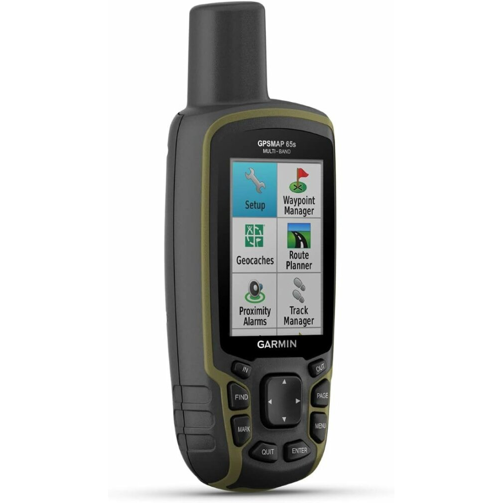 Ein Garmin GPSMAP 65s Gerät. Der Bildschirm zeigt Symbole für Setup, Wegpunkt-Manager, Geocaches, Routenplaner, Annäherungsalarme und Track-Manager.