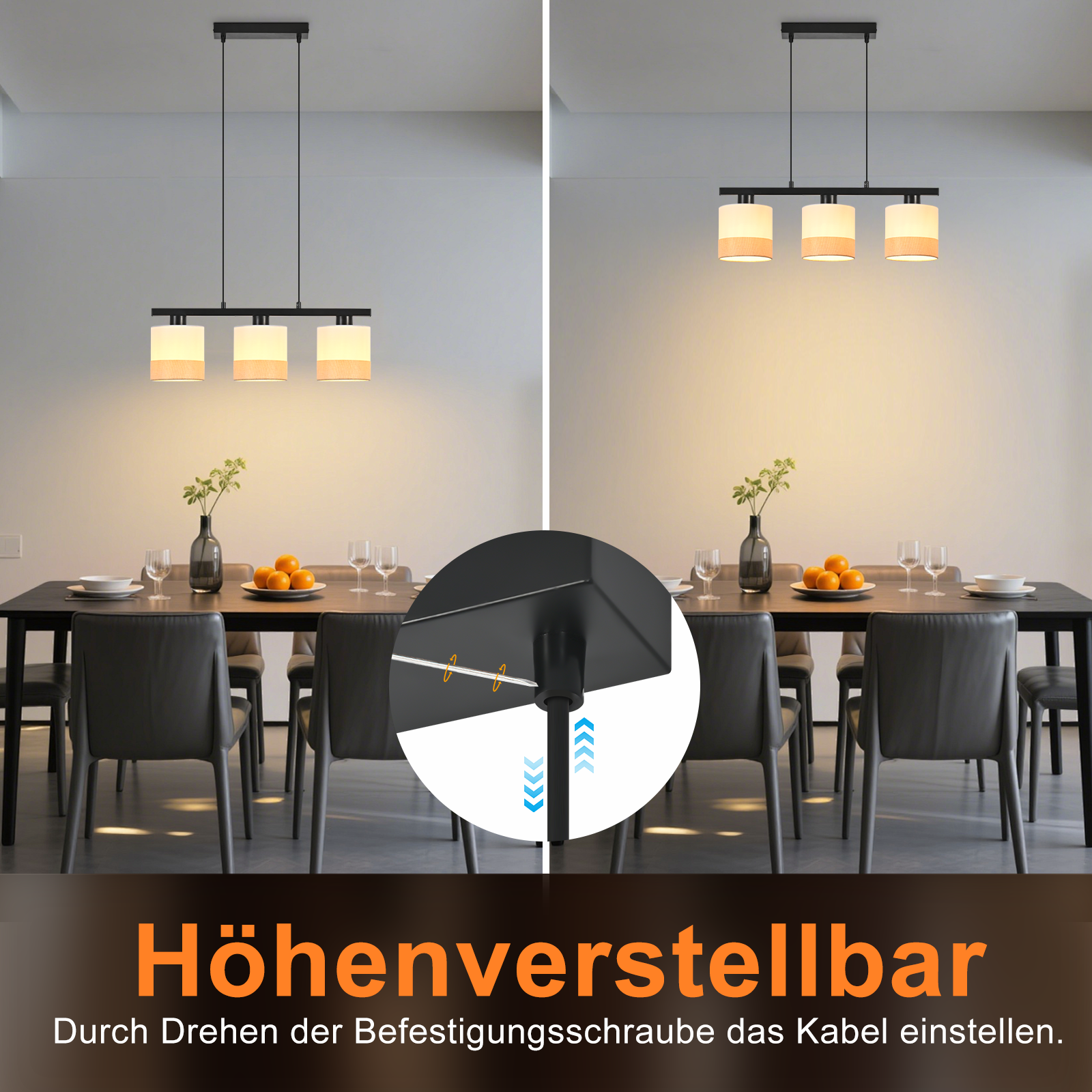 Esszimmer mit Tisch, Stühlen und Hängelampe. Die Lampe hat drei Lampen. Text: Höhenverstellbar.